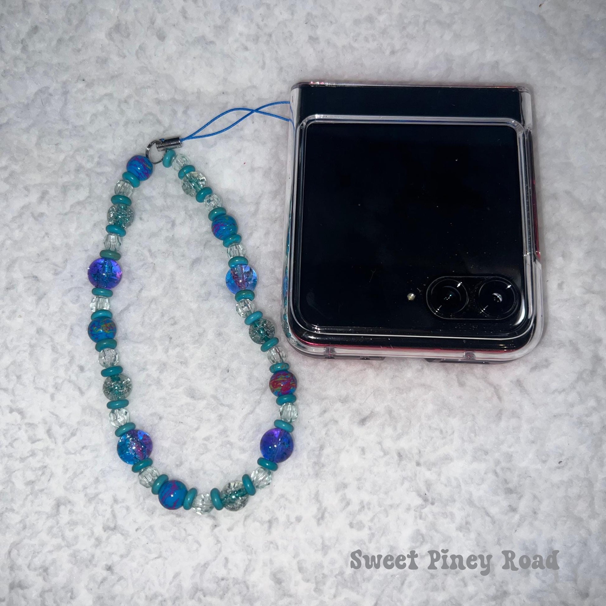 Teal Blue Beaded Phone Charm Strap, Chain Cellphone Strap Lanyard, Cute Kawaii Wristlet Accessory, Girly Accessory, Gift For Her, 2000s Y2k