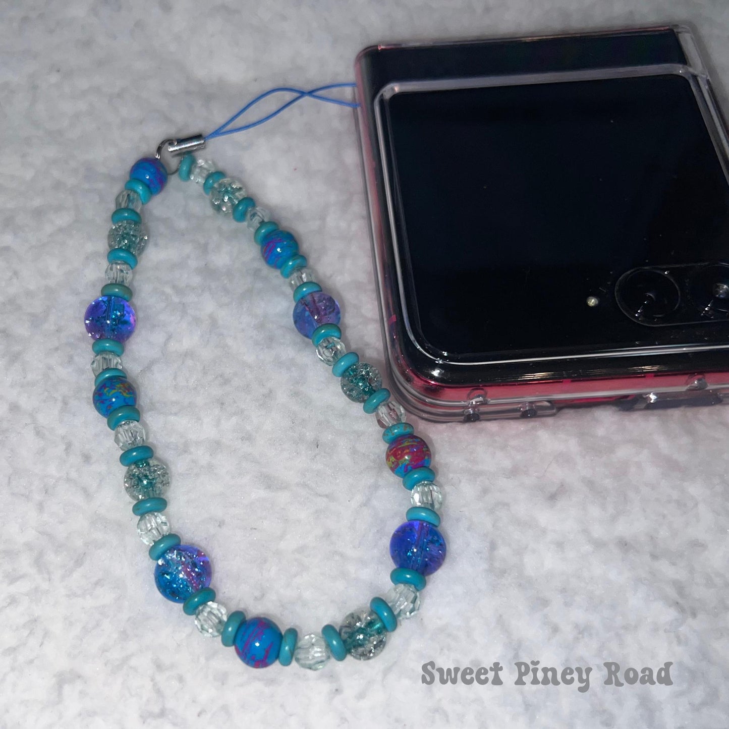 Teal Blue Beaded Phone Charm Strap, Chain Cellphone Strap Lanyard, Cute Kawaii Wristlet Accessory, Girly Accessory, Gift For Her, 2000s Y2k