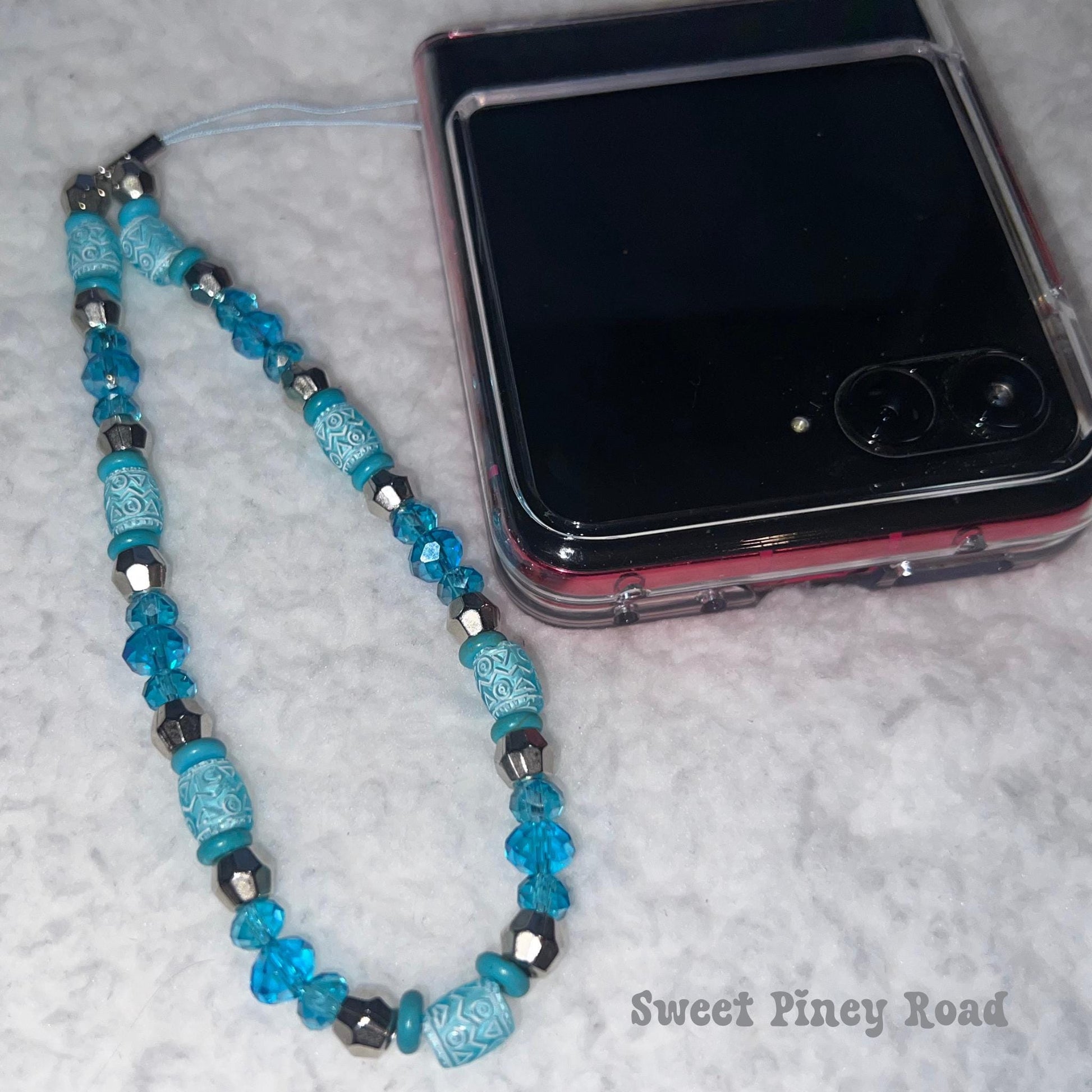 Teal Blue Beaded Phone Charm Strap, Chain Cellphone Strap Lanyard, Cute Kawaii Wristlet Accessory, Girly Accessory, Gift For Her, 2000s Y2k