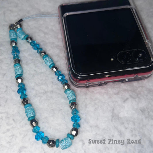 Teal Blue Beaded Phone Charm Strap, Chain Cellphone Strap Lanyard, Cute Kawaii Wristlet Accessory, Girly Accessory, Gift For Her, 2000s Y2k