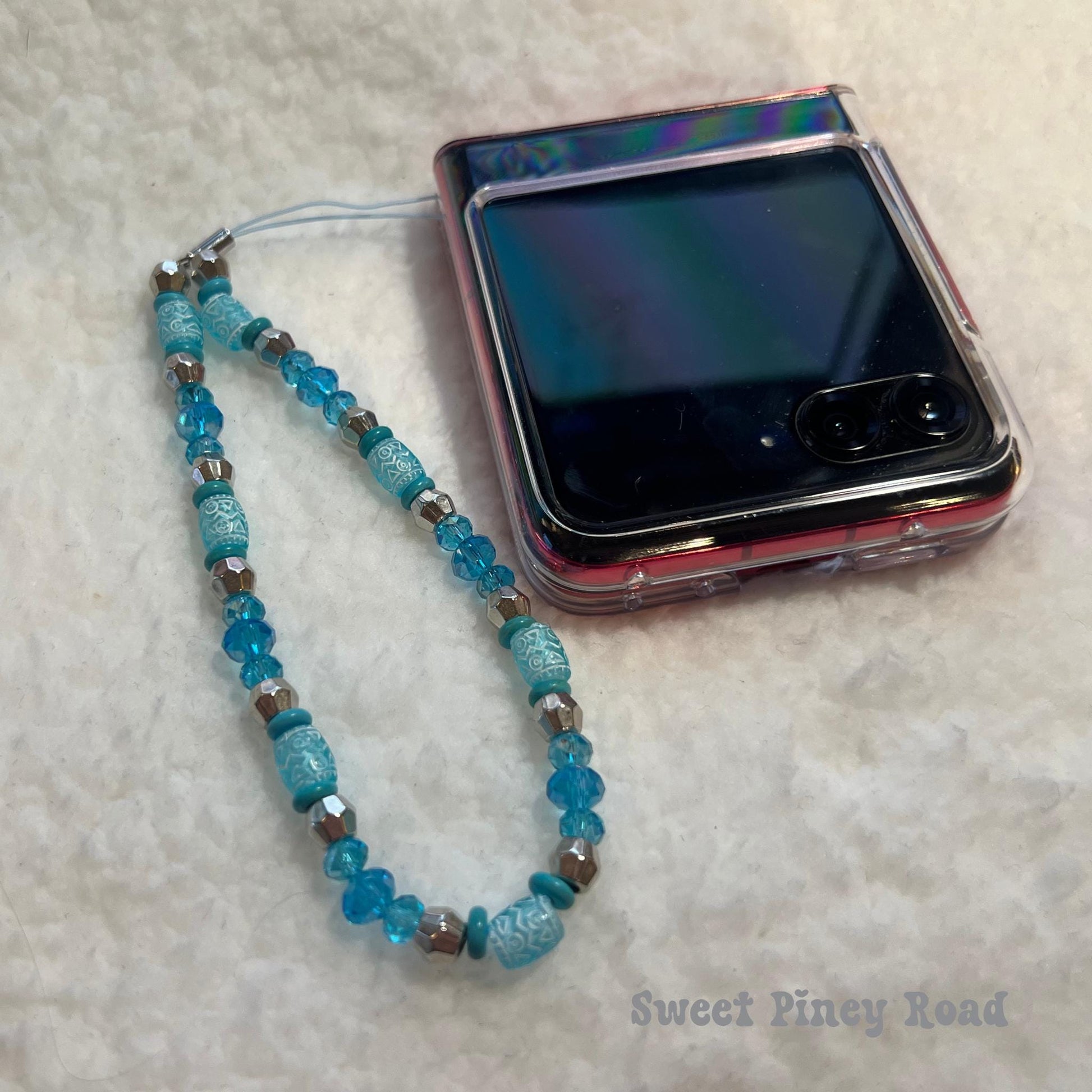Teal Blue Beaded Phone Charm Strap, Chain Cellphone Strap Lanyard, Cute Kawaii Wristlet Accessory, Girly Accessory, Gift For Her, 2000s Y2k