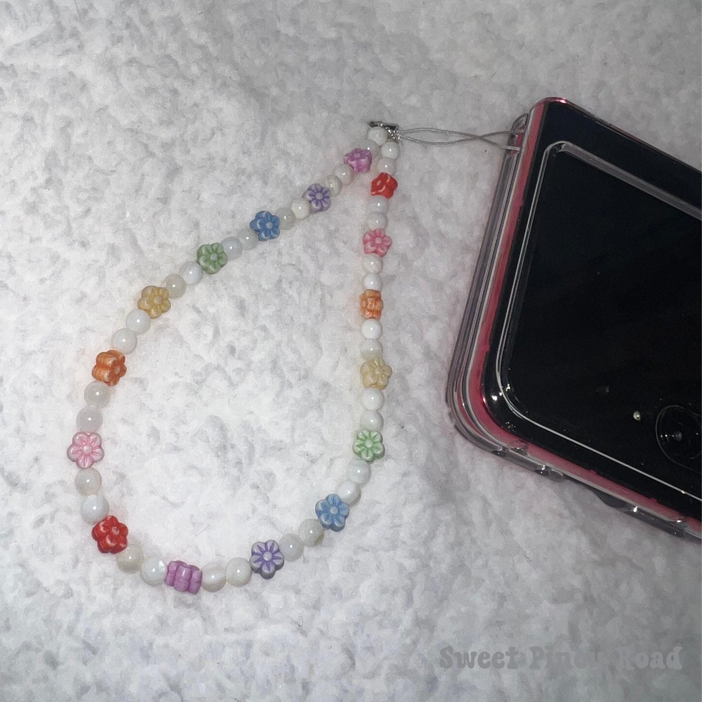 Rainbow Flower Pearl Beaded Phone Charm Strap, Chain Cellphone Strap Lanyard, Cute Kawaii Wristlet Accessory, Girly Gift For Her Y2k Heart