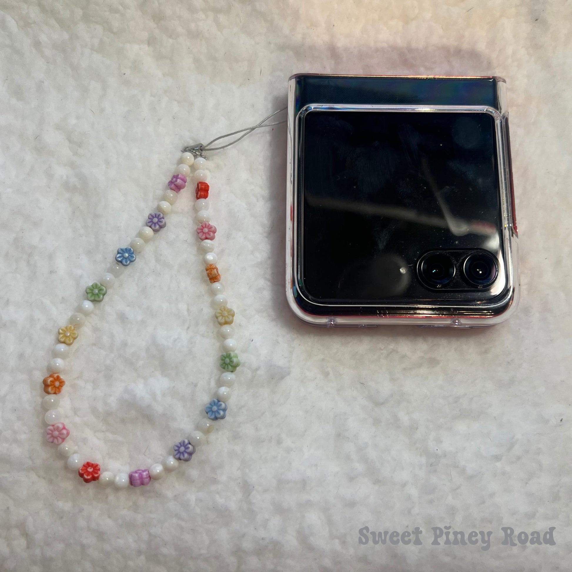Rainbow Flower Pearl Beaded Phone Charm Strap, Chain Cellphone Strap Lanyard, Cute Kawaii Wristlet Accessory, Girly Gift For Her Y2k Heart