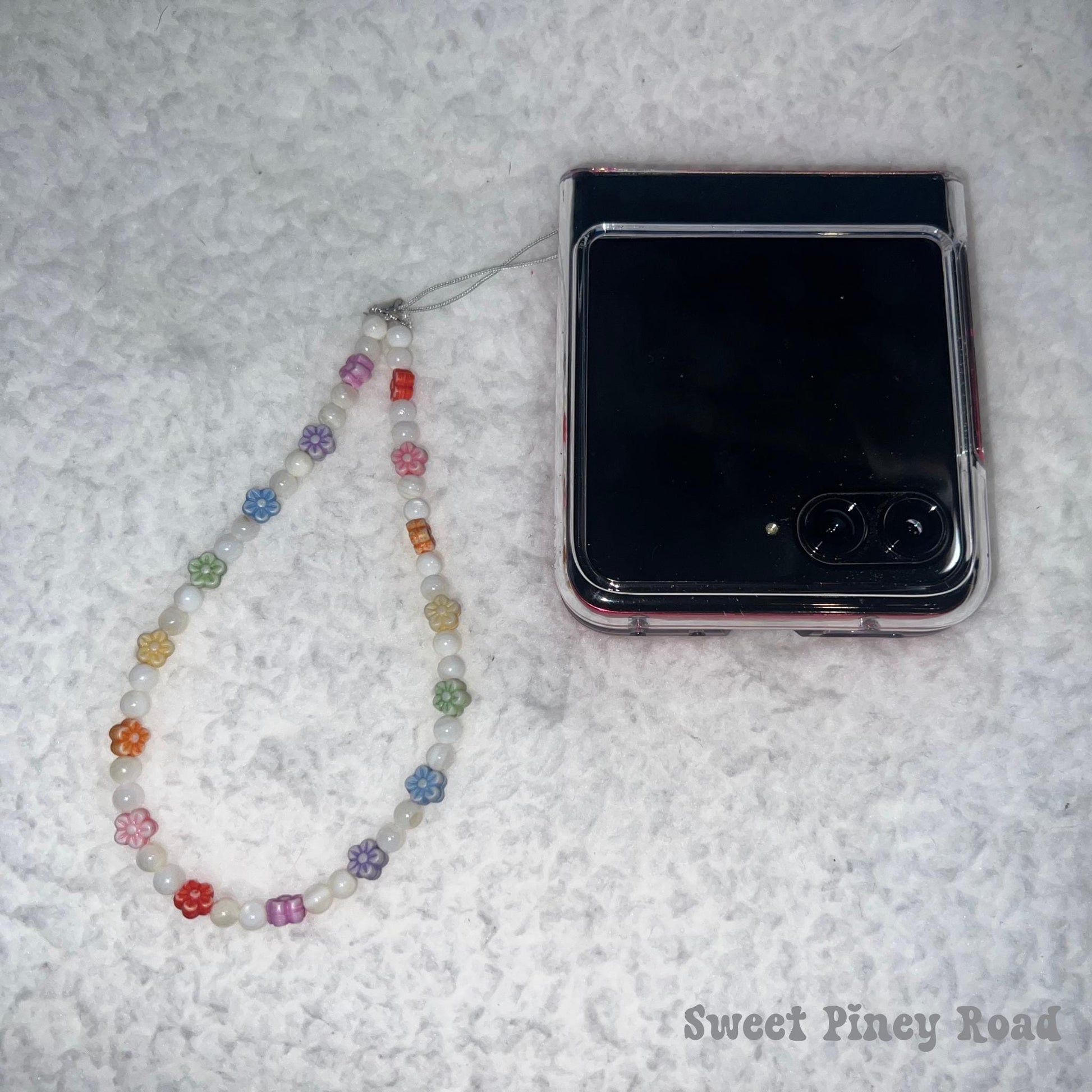 Rainbow Flower Pearl Beaded Phone Charm Strap, Chain Cellphone Strap Lanyard, Cute Kawaii Wristlet Accessory, Girly Gift For Her Y2k Heart
