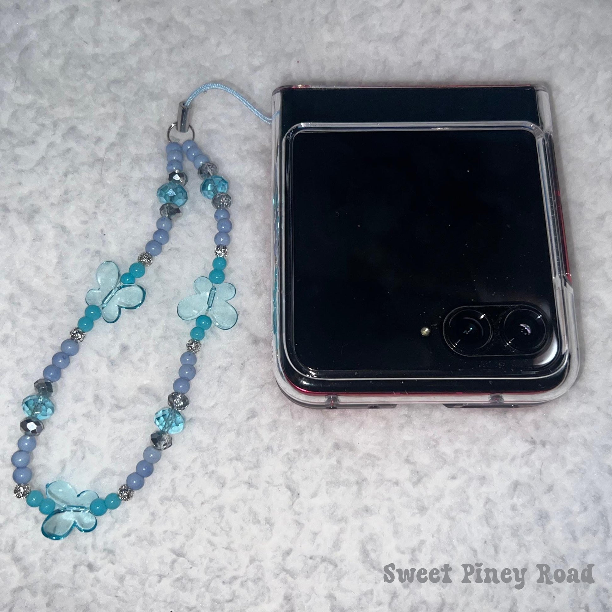 Light Blue Butterfly Beaded Phone Charm Strap, Chain Cellphone Strap Lanyard, Cute Kawaii Wristlet Accessory, Girly Accessories Gift Y2k