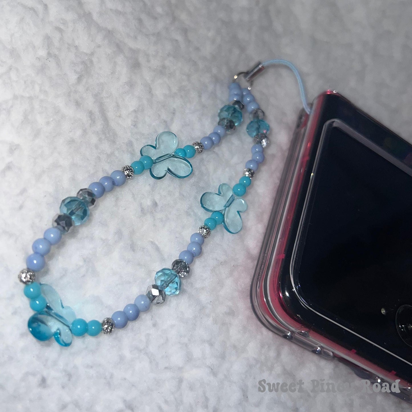 Light Blue Butterfly Beaded Phone Charm Strap, Chain Cellphone Strap Lanyard, Cute Kawaii Wristlet Accessory, Girly Accessories Gift Y2k