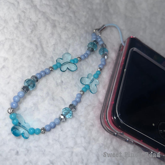 Light Blue Butterfly Beaded Phone Charm Strap, Chain Cellphone Strap Lanyard, Cute Kawaii Wristlet Accessory, Girly Accessories Gift Y2k