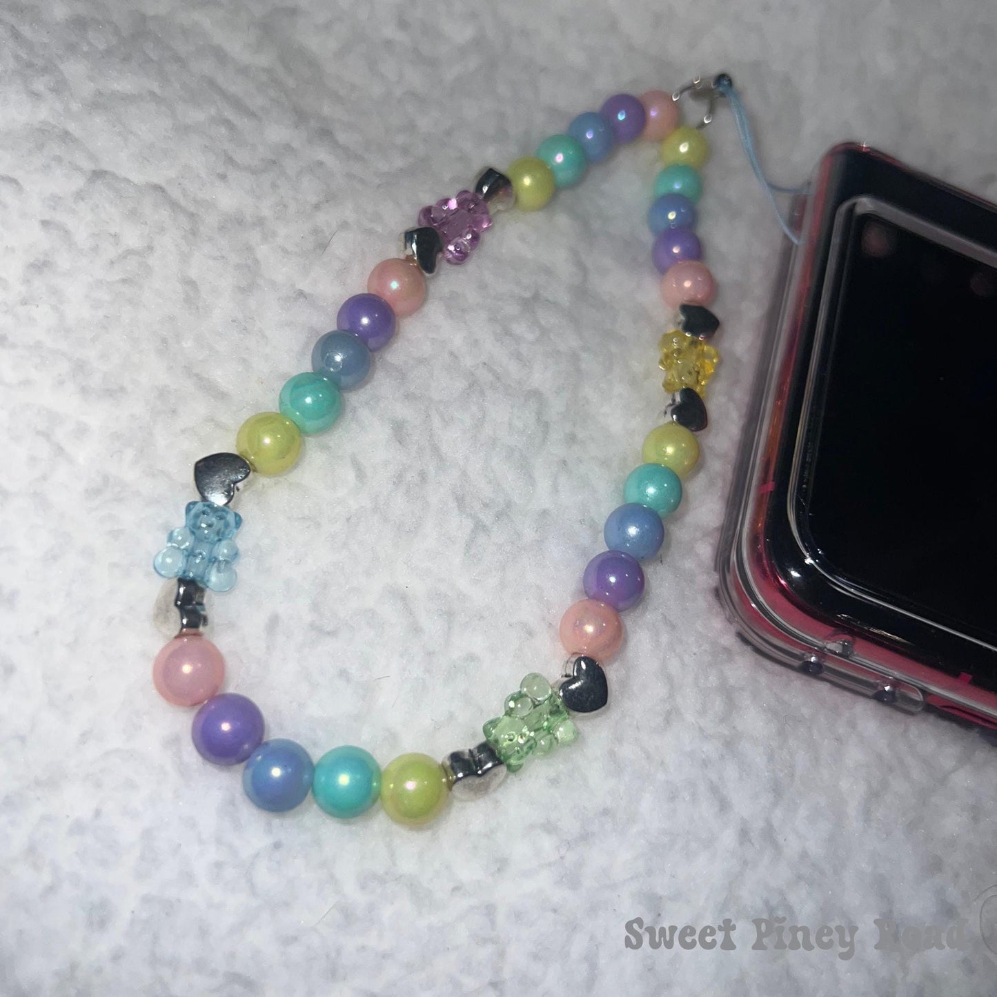 Pastel Pearl Rainbow Bear Beaded Phone Charm Strap, Chain Cellphone Strap Lanyard, Cute Kawaii Wristlet Accessory, Girly Gift For Her Y2k