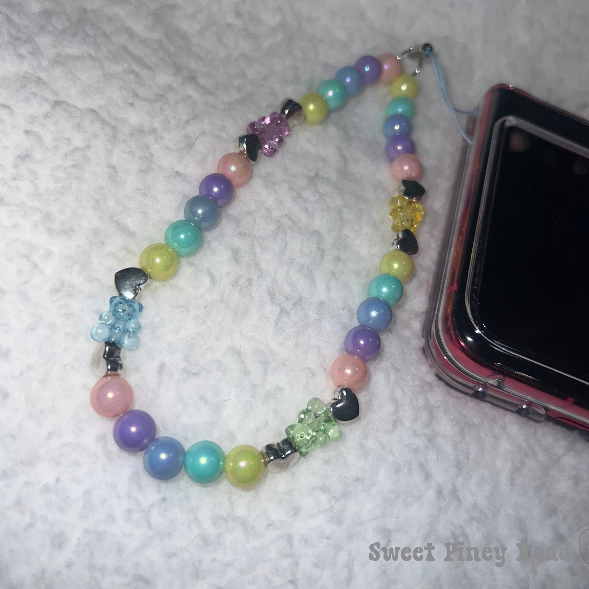 Pastel Pearl Rainbow Bear Beaded Phone Charm Strap, Chain Cellphone Strap Lanyard, Cute Kawaii Wristlet Accessory, Girly Gift For Her Y2k