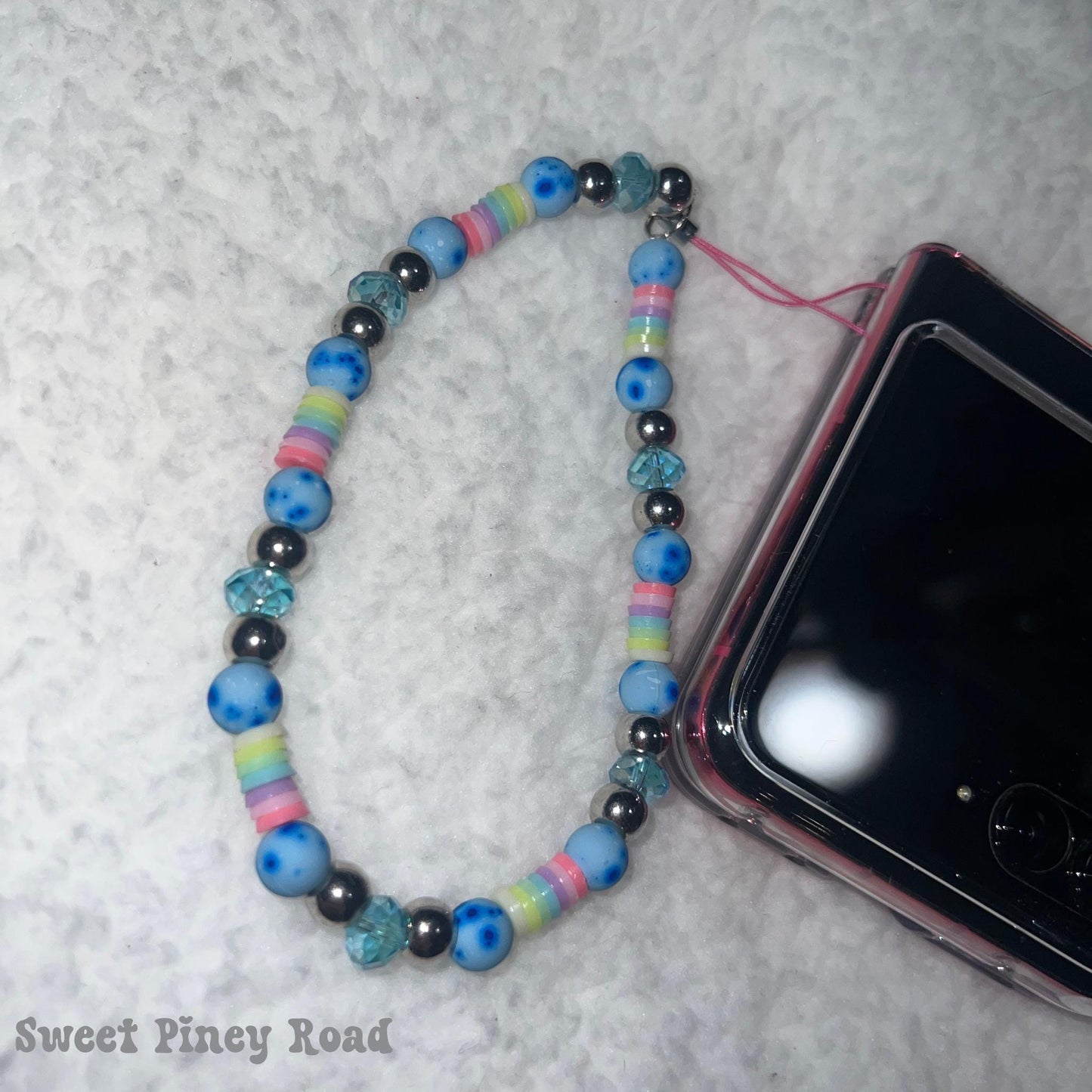 Rainbow Blue Beaded Phone Charm Strap, Chain Cellphone Strap Lanyard, Cute Kawaii Wristlet Accessory, Girly Gift For Her Y2k
