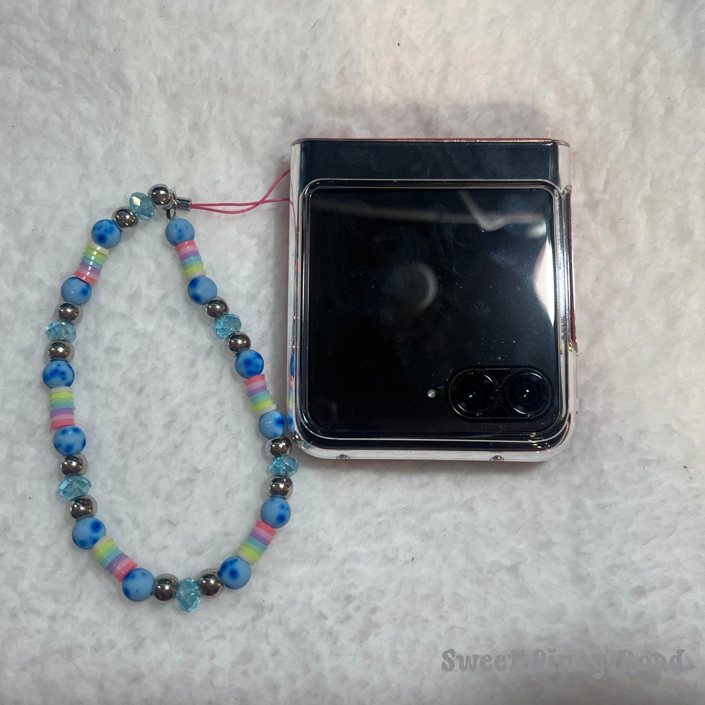 Rainbow Blue Beaded Phone Charm Strap, Chain Cellphone Strap Lanyard, Cute Kawaii Wristlet Accessory, Girly Gift For Her Y2k