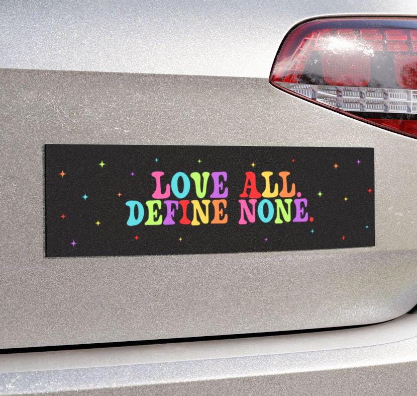 LGBTQ+ Pride Car Magnet or Bumper Sticker - Love All Define None, Inspirational Vinyl Decal for Ally Support, Sparkle Rainbow, Anti Trump