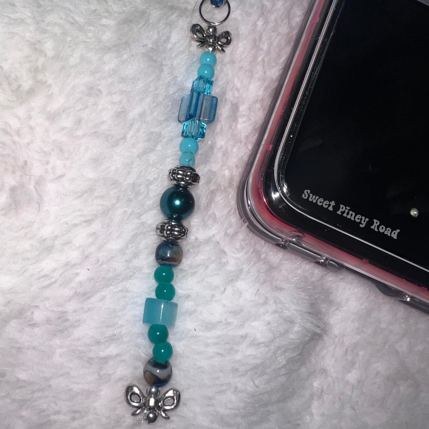 Teal Silver Bow Coquette Beaded Phone Charm, Cellphone Accessory, Cute Girly Aesthetic, Accessories, Gift For Her Mom Friend, Personalized