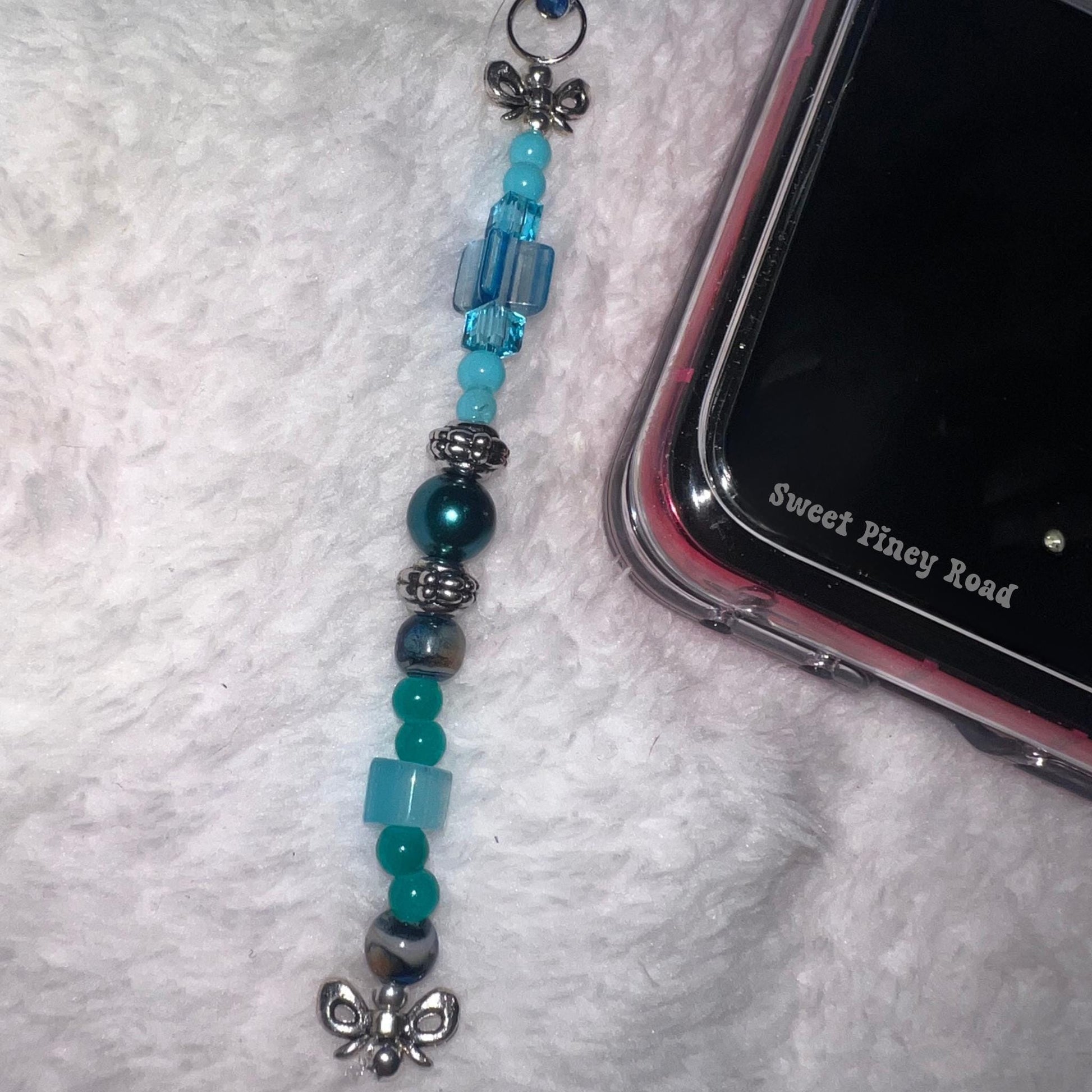 Teal Silver Bow Coquette Beaded Phone Charm, Cellphone Accessory, Cute Girly Aesthetic, Accessories, Gift For Her Mom Friend, Personalized