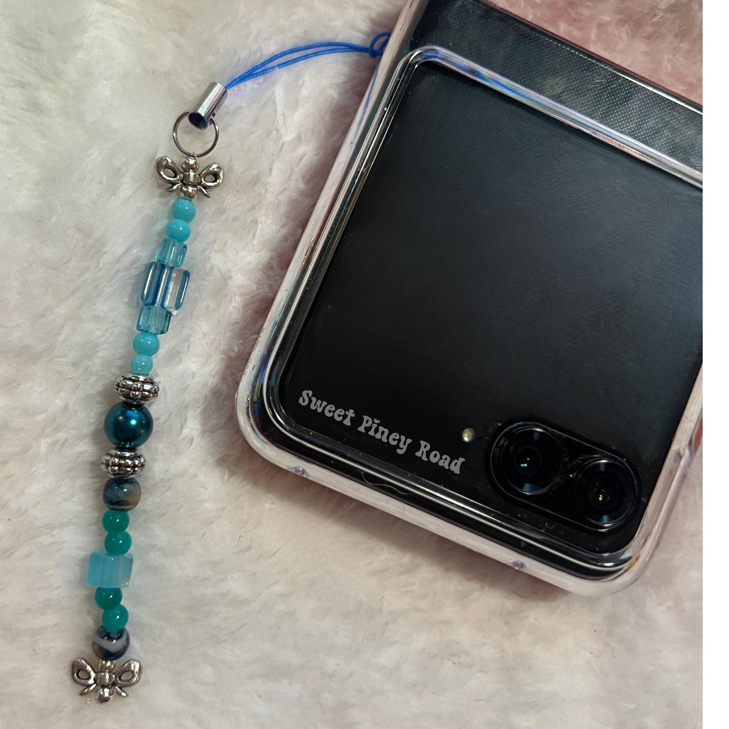Teal Silver Bow Coquette Beaded Phone Charm, Cellphone Accessory, Cute Girly Aesthetic, Accessories, Gift For Her Mom Friend, Personalized