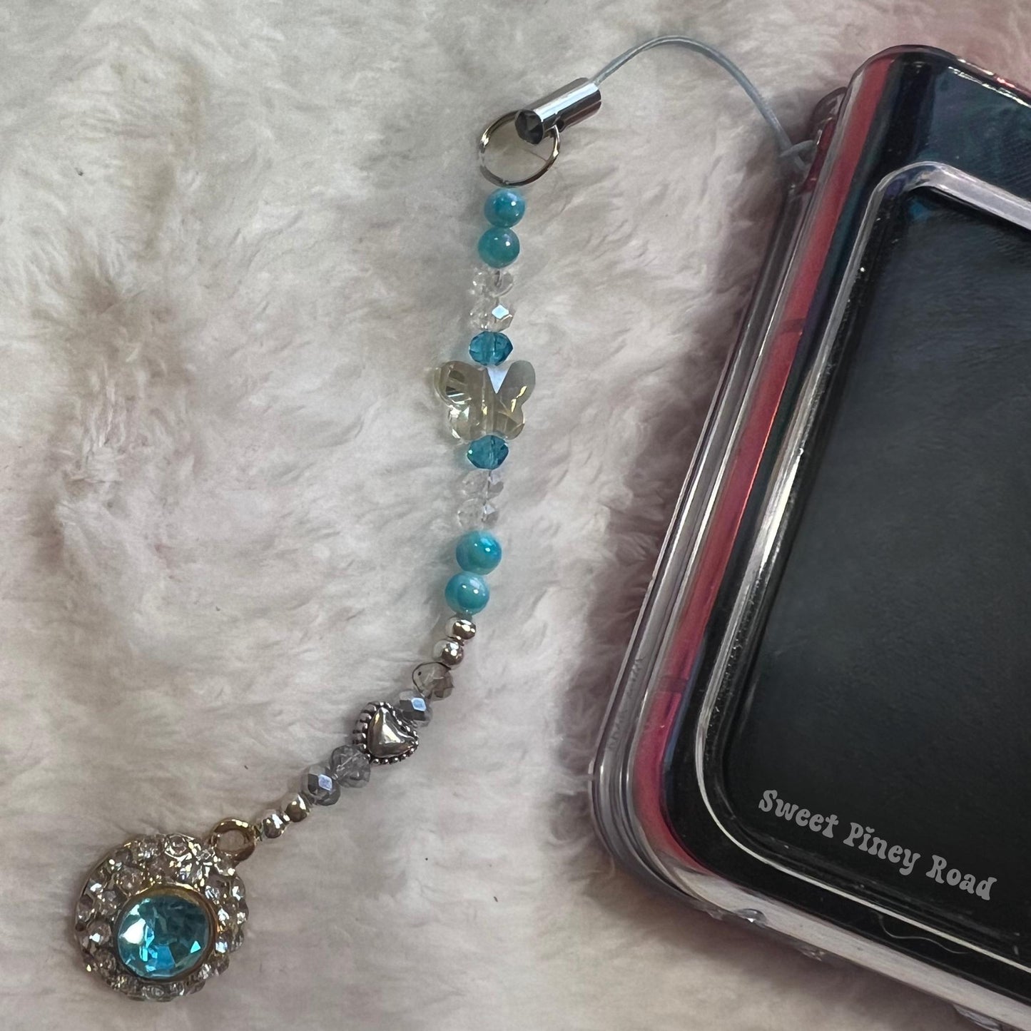 Teal Gemstone Beaded Phone Charm, Cellphone Accessory, Cute Girly Aesthetic, Accessories, Gift For Her Mom Friend, Personalized Butterfly