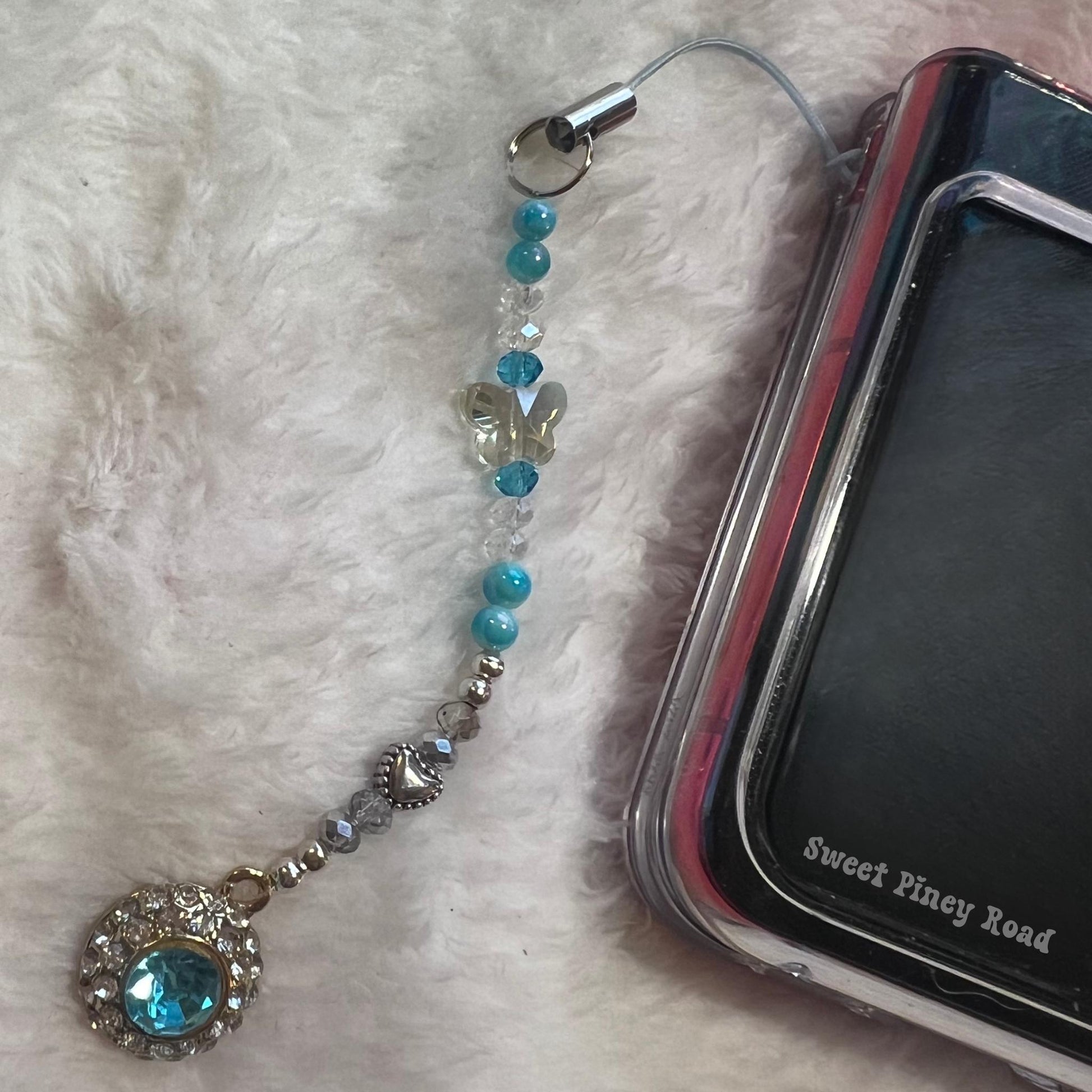 Teal Gemstone Beaded Phone Charm, Cellphone Accessory, Cute Girly Aesthetic, Accessories, Gift For Her Mom Friend, Personalized Butterfly
