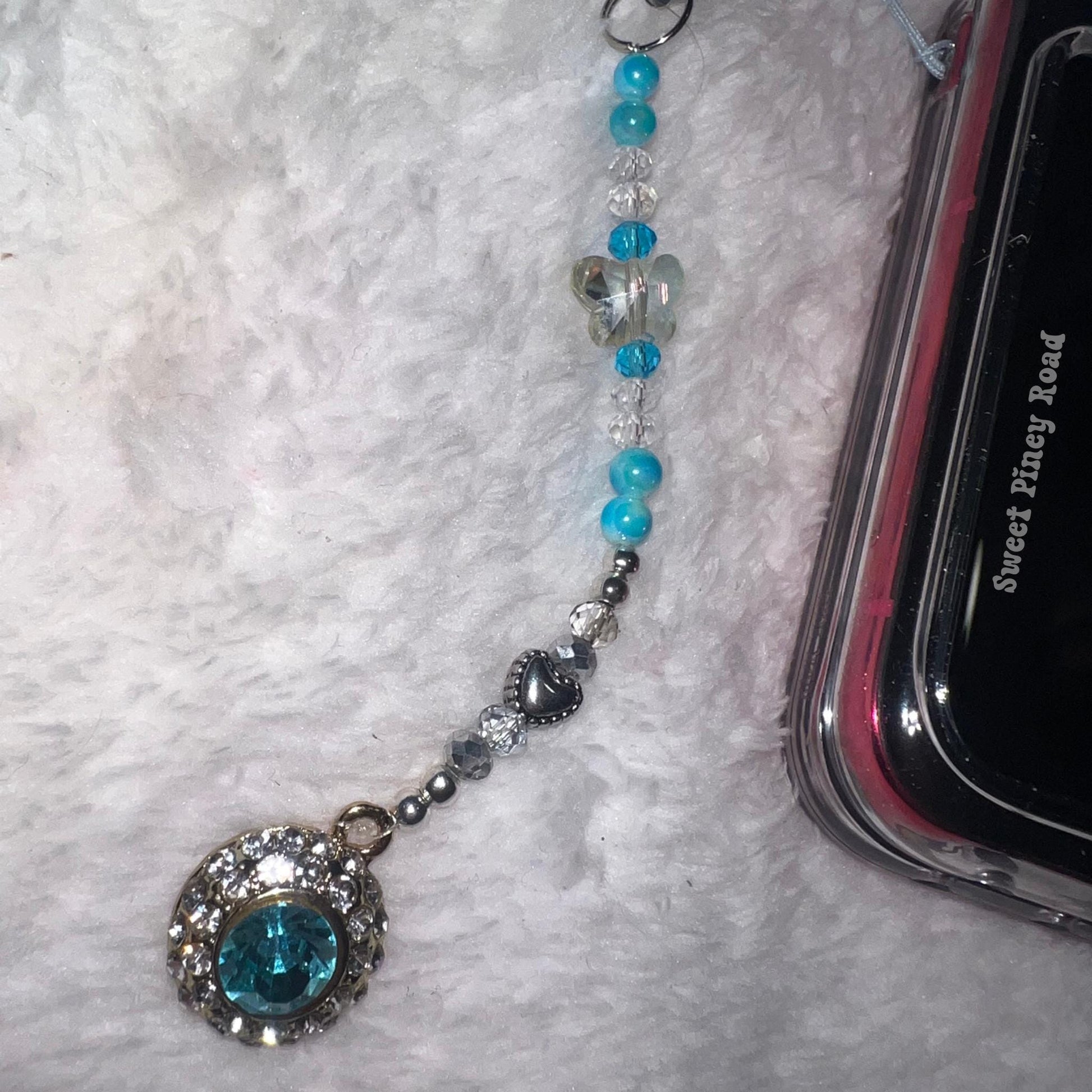Teal Gemstone Beaded Phone Charm, Cellphone Accessory, Cute Girly Aesthetic, Accessories, Gift For Her Mom Friend, Personalized Butterfly