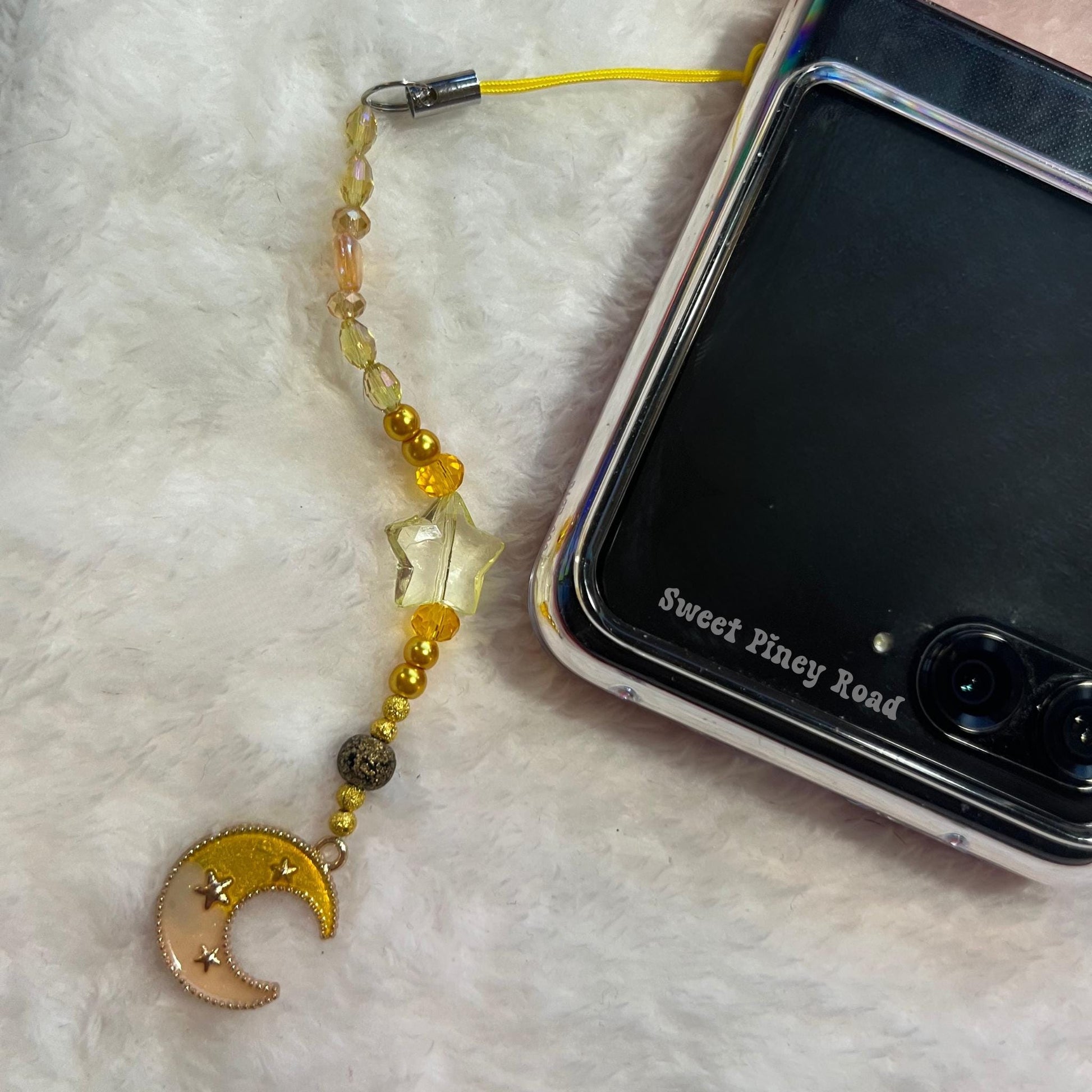 Crescent Moon Beaded Phone Charm, Cellphone Accessory, Cute Girly Aesthetic, Accessories, Gift For Her Mom Friend, Personalize Yellow Sailor