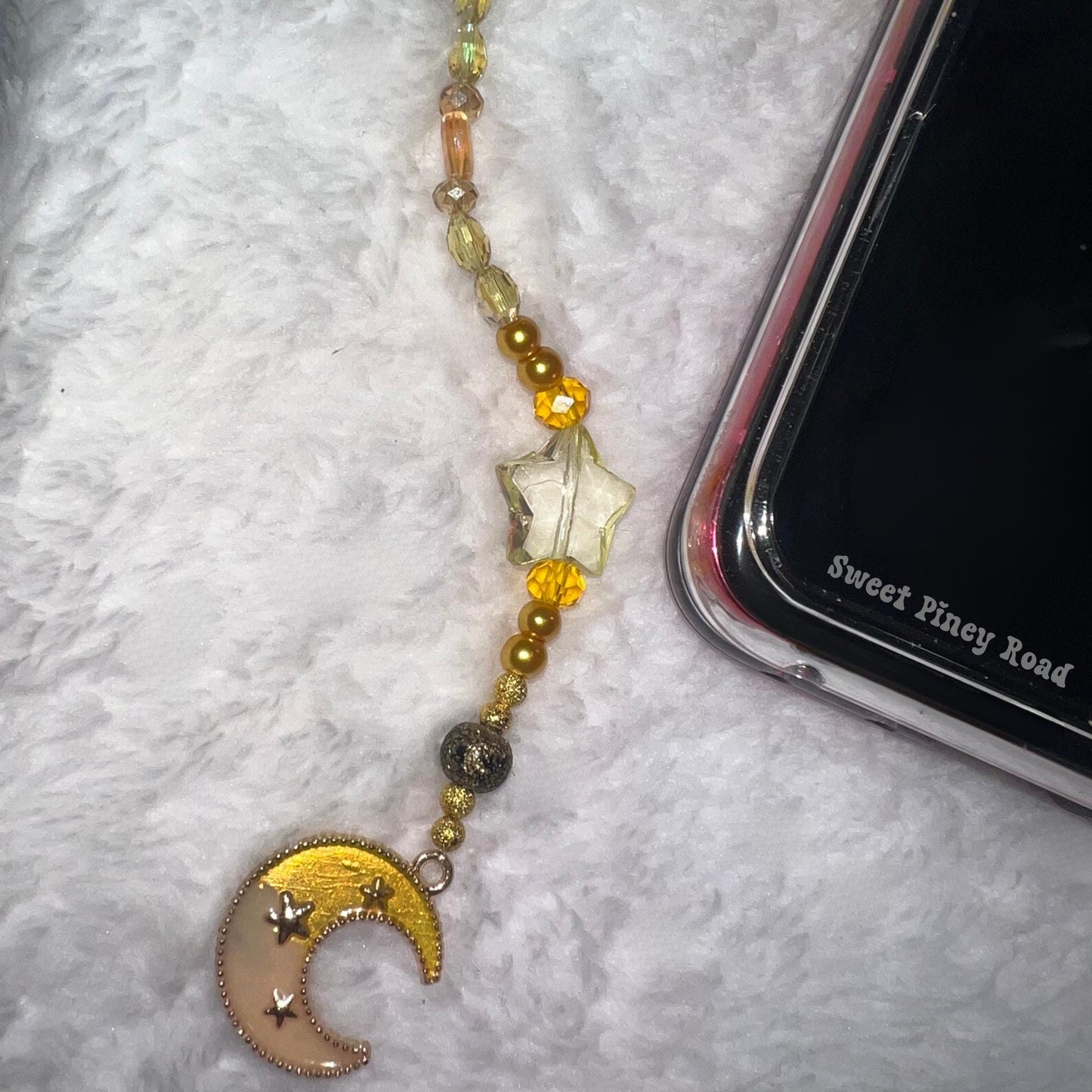 Crescent Moon Beaded Phone Charm, Cellphone Accessory, Cute Girly Aesthetic, Accessories, Gift For Her Mom Friend, Personalize Yellow Sailor