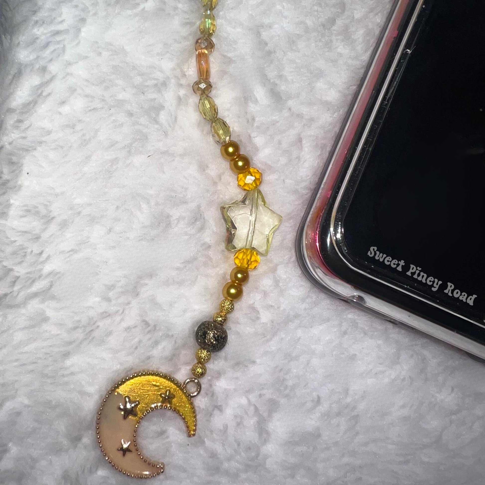 Crescent Moon Beaded Phone Charm, Cellphone Accessory, Cute Girly Aesthetic, Accessories, Gift For Her Mom Friend, Personalize Yellow Sailor