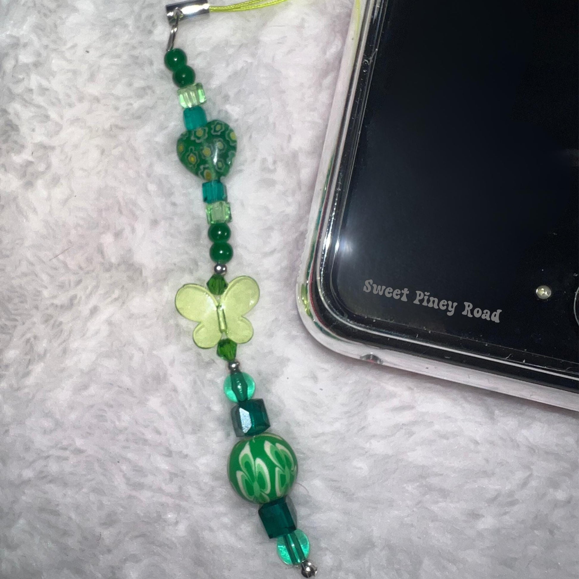 Green Butterfly Flower Beaded Phone Charm, Cellphone Accessory, Cute Girly Aesthetic, Accessories, Gift For Her Mom Friend, Personalized