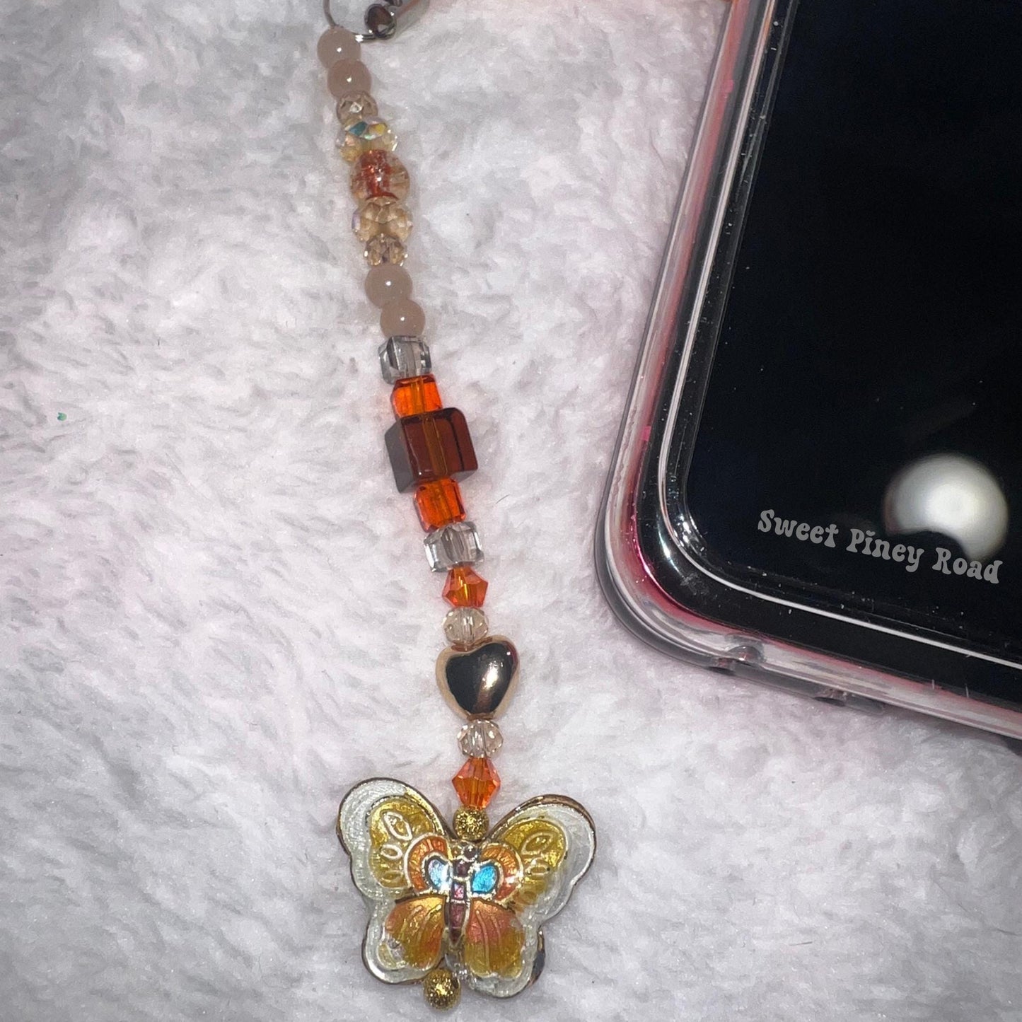 Yellow Butterfly Beaded Phone Charm, Cellphone Accessory, Cute Girly Aesthetic, Accessories, Gift For Her Mom Friend, Personalized Orange