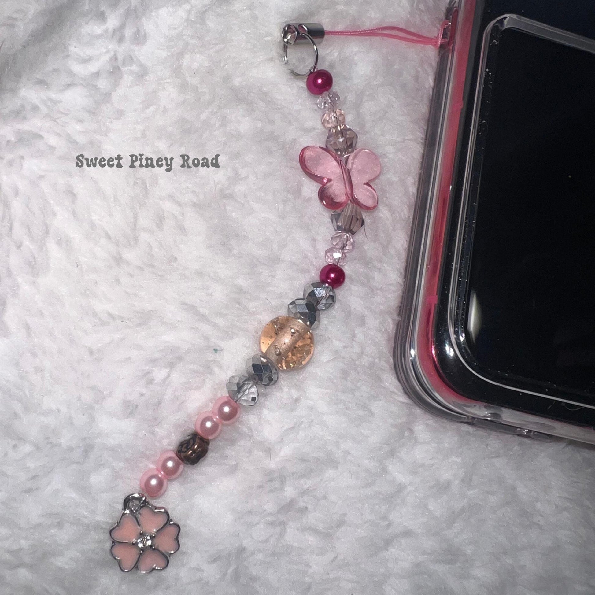 Pink Butterfly Flower Beaded Phone Charm, Cellphone Accessory, Cute Girly Aesthetic, Accessories, Gift For Her Mom Friend, Personalized