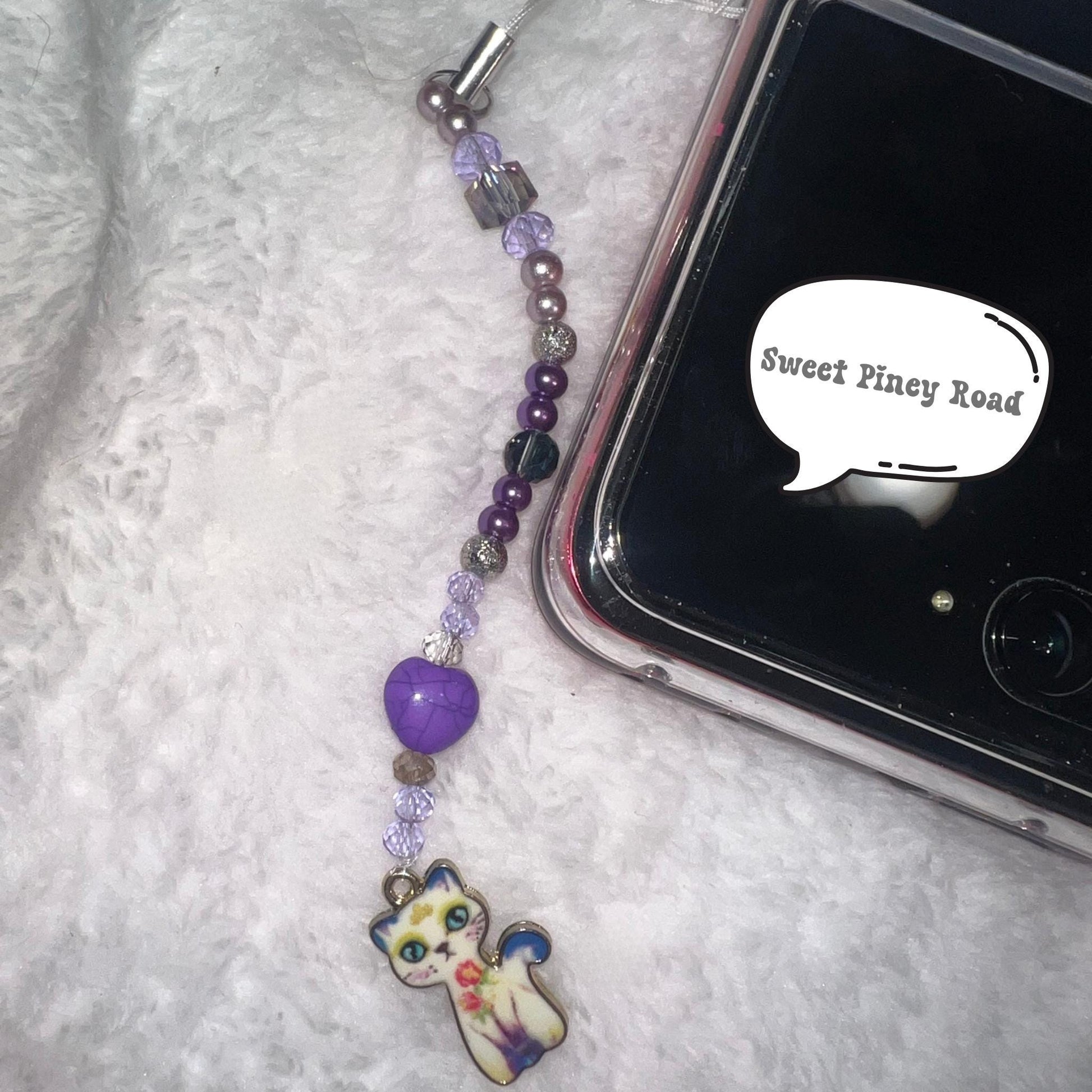 Purple Kitty Cat Beaded Phone Charm, Cellphone Accessory, Cute Girly Aesthetic, Accessories, Gift For Her Mom Friend, Marble Heart 2000s