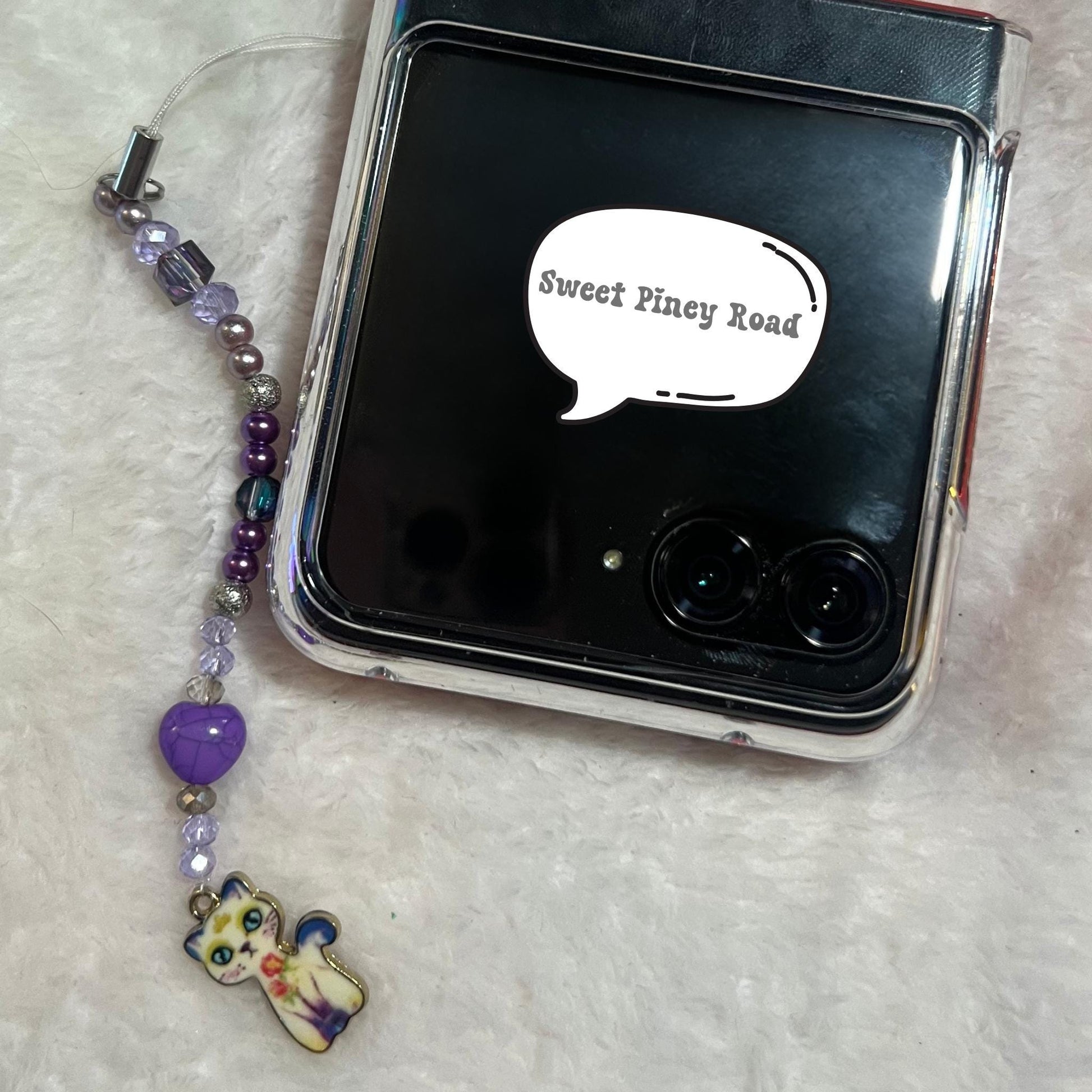Purple Kitty Cat Beaded Phone Charm, Cellphone Accessory, Cute Girly Aesthetic, Accessories, Gift For Her Mom Friend, Marble Heart 2000s