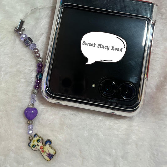 Purple Kitty Cat Beaded Phone Charm, Cellphone Accessory, Cute Girly Aesthetic, Accessories, Gift For Her Mom Friend, Marble Heart 2000s