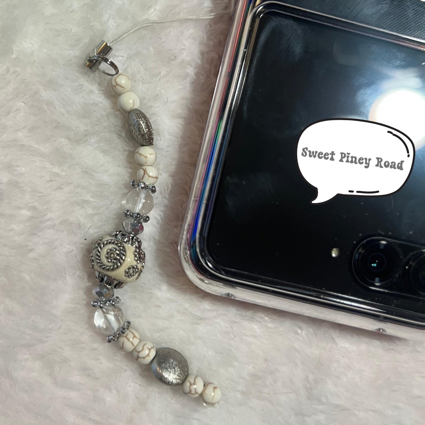 Antique White Beaded Phone Charm, Cellphone Accessory, Cute Girly Aesthetic, Accessories, Gift For Her Mom Friend, 2000s Classy Silver Vibes