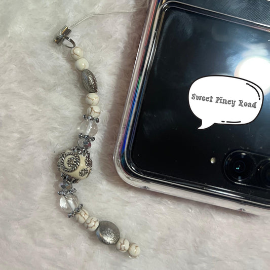 Antique White Beaded Phone Charm, Cellphone Accessory, Cute Girly Aesthetic, Accessories, Gift For Her Mom Friend, 2000s Classy Silver Vibes
