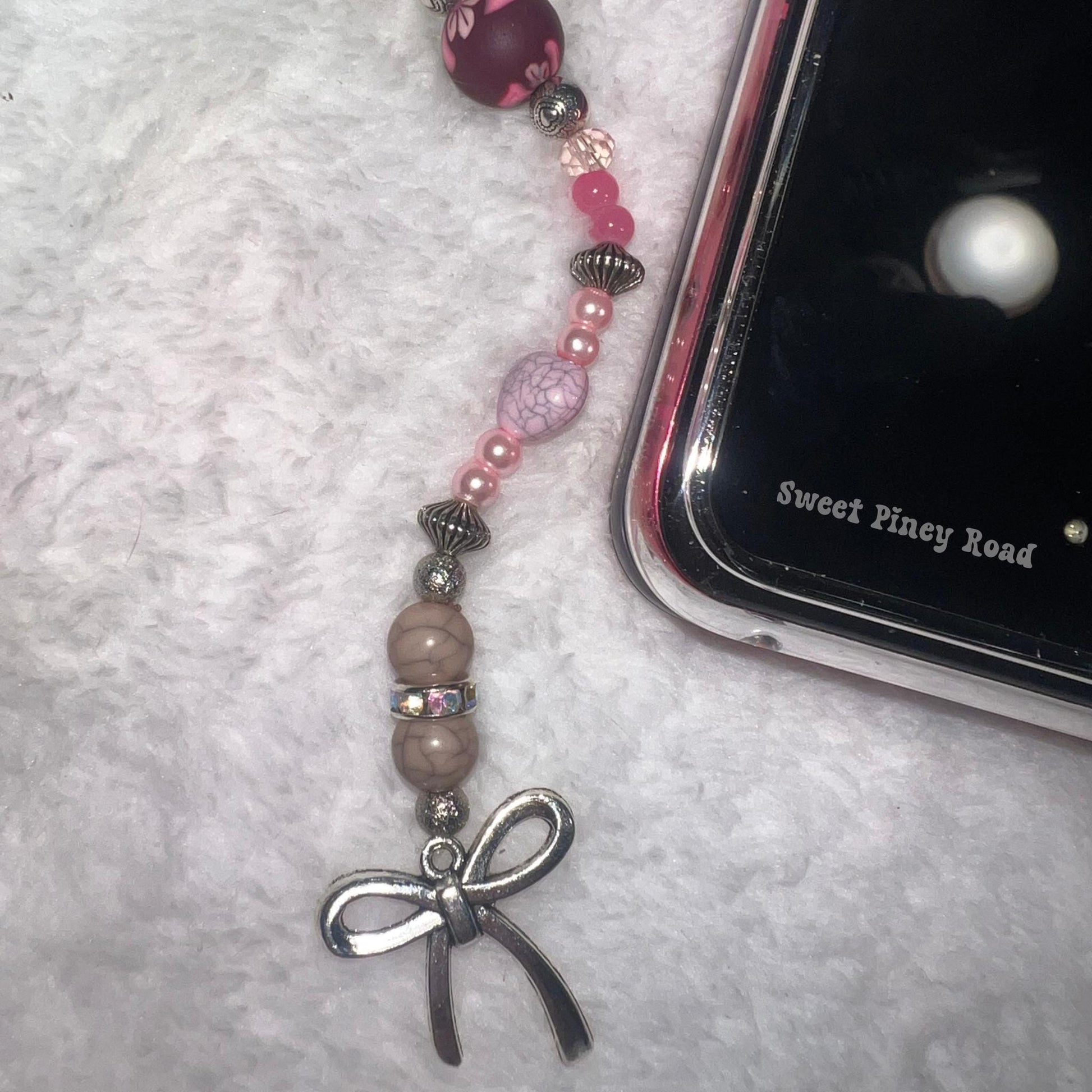 Pink Bow Coquette Beaded Phone Charm, Cellphone Accessory, Cute Girly Aesthetic, Accessories, Gift For Her Mom Friend, 2000s Y2k Vibes