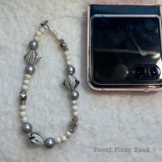 Marble Silver Beaded Phone Charm Strap, Chain Cellphone Strap Lanyard, Cute Kawaii Wristlet Accessory, Girly Accessory, Gift For Her Y2k