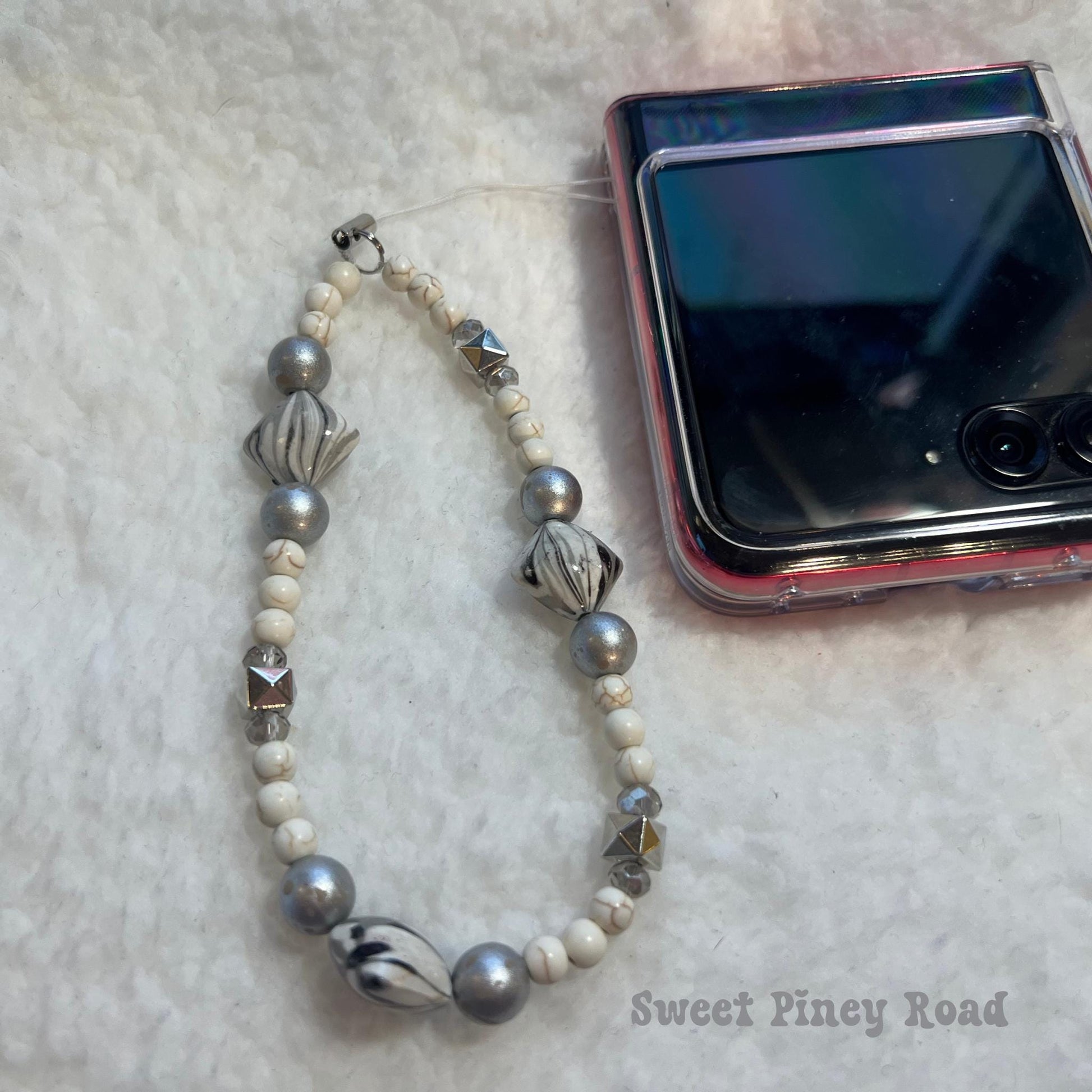 Marble Silver Beaded Phone Charm Strap, Chain Cellphone Strap Lanyard, Cute Kawaii Wristlet Accessory, Girly Accessory, Gift For Her Y2k