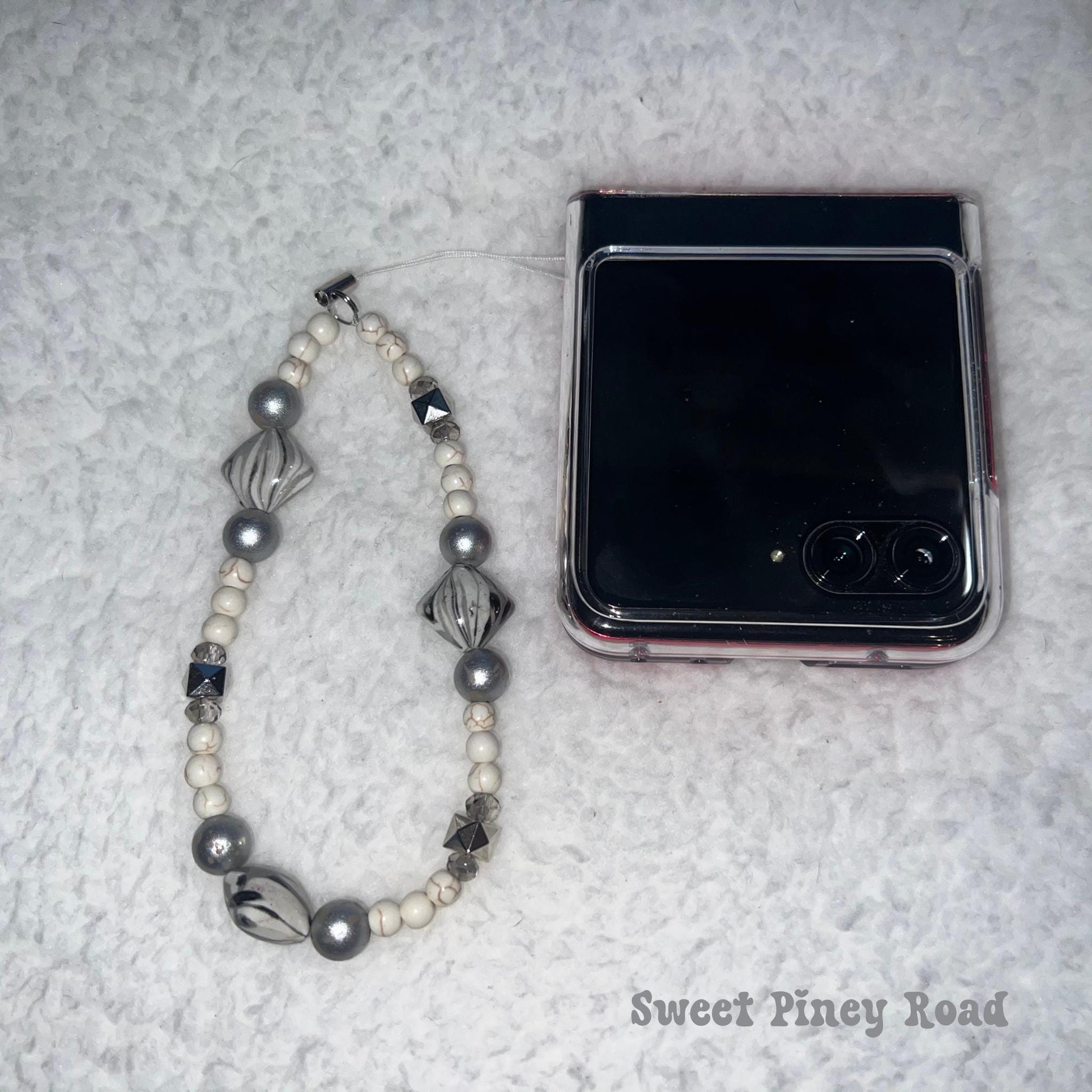 Marble Silver Beaded Phone Charm Strap, Chain Cellphone Strap Lanyard, Cute Kawaii Wristlet Accessory, Girly Accessory, Gift For Her Y2k