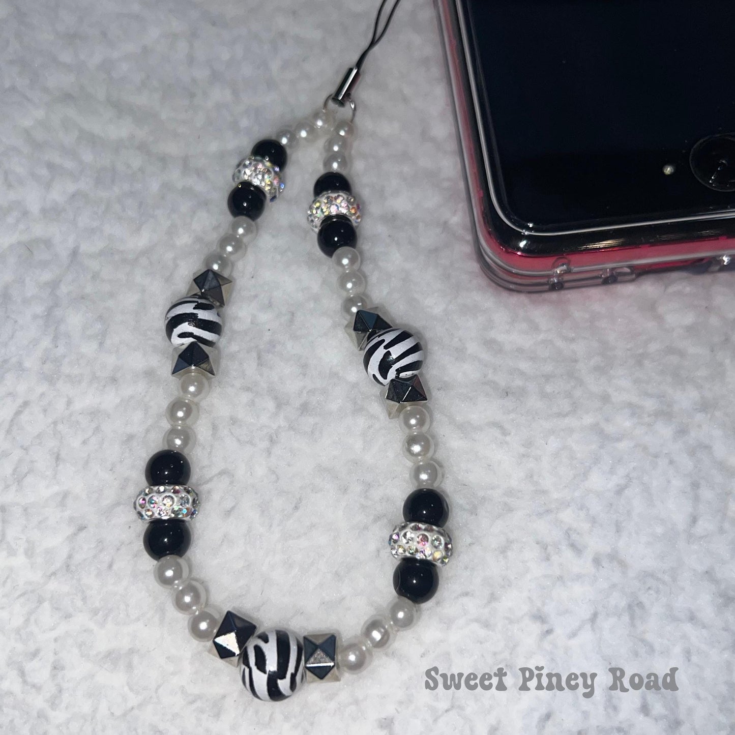 Black White Zebra Beaded Phone Charm Strap, Chain Cellphone Strap Lanyard, Cute Kawaii Wristlet Accessory, Girly Accessory, Gift For Her Y2k