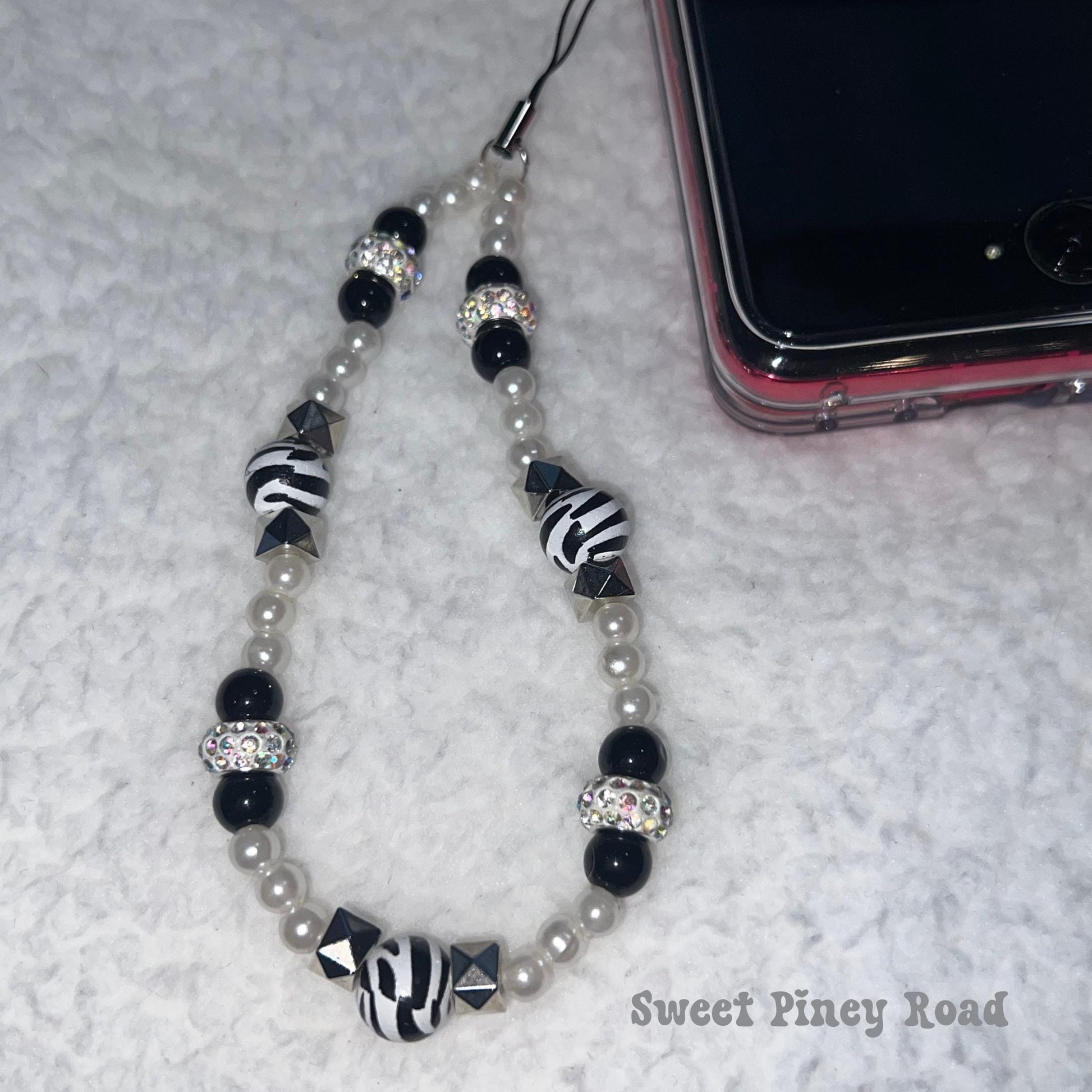 Black White Zebra Beaded Phone Charm Strap, Chain Cellphone Strap Lanyard, Cute Kawaii Wristlet Accessory, Girly Accessory, Gift For Her Y2k