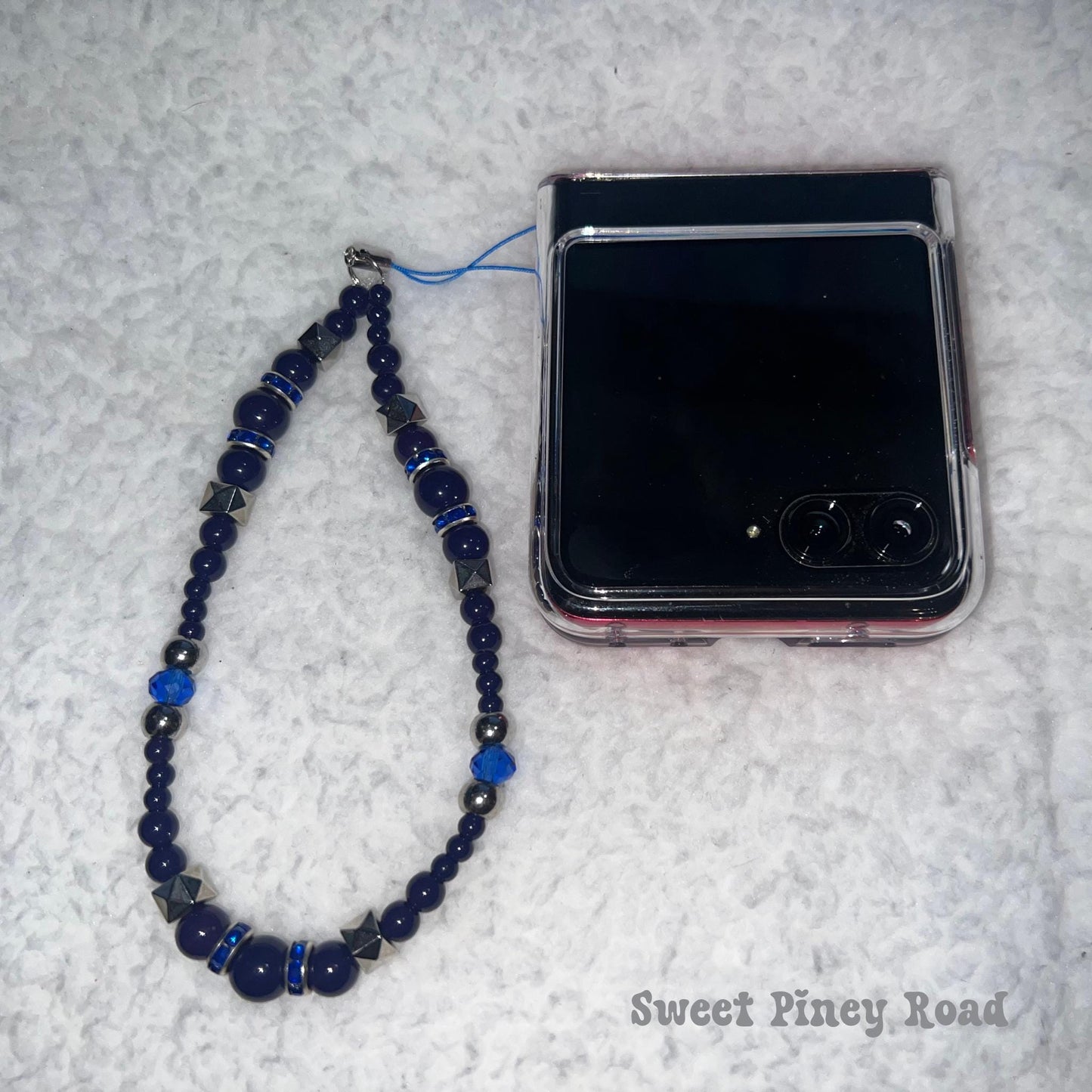 Dark Blue Beaded Phone Charm Strap, Chain Cellphone Strap Lanyard, Cute Kawaii Wristlet Accessory, Girly Accessory, Gift For Her, 2000s Y2k
