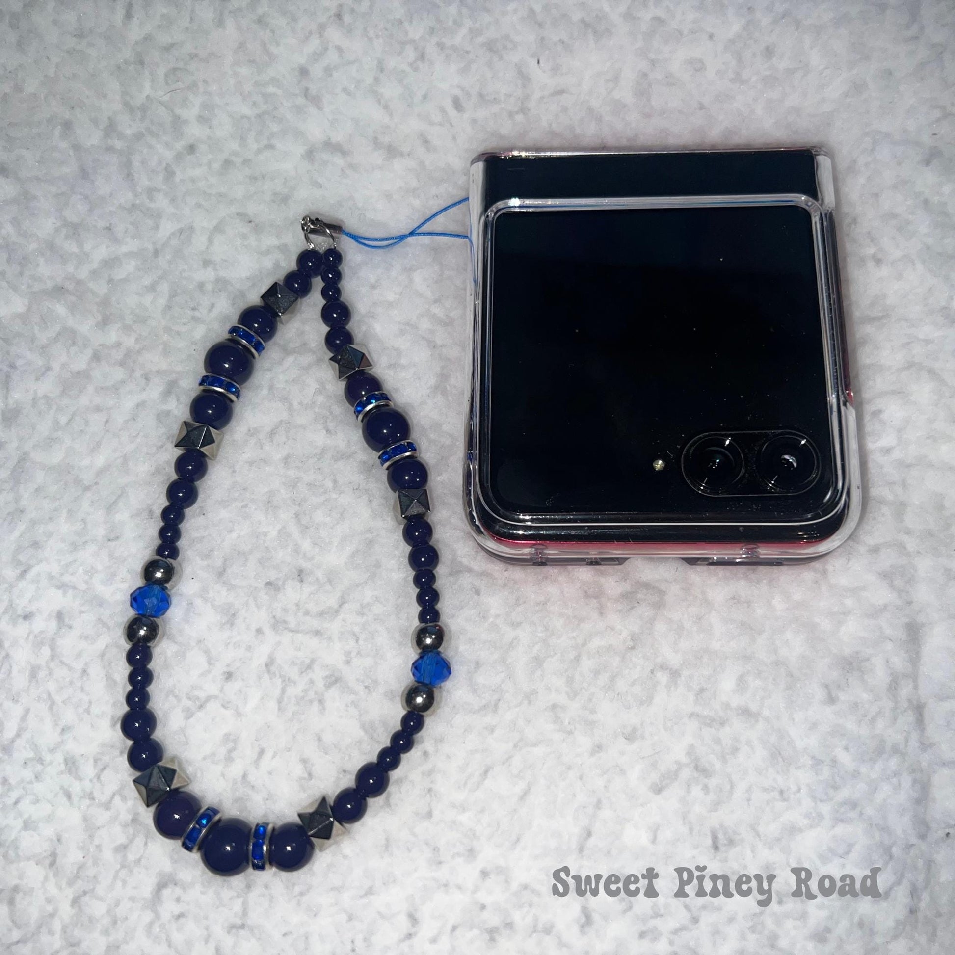 Dark Blue Beaded Phone Charm Strap, Chain Cellphone Strap Lanyard, Cute Kawaii Wristlet Accessory, Girly Accessory, Gift For Her, 2000s Y2k