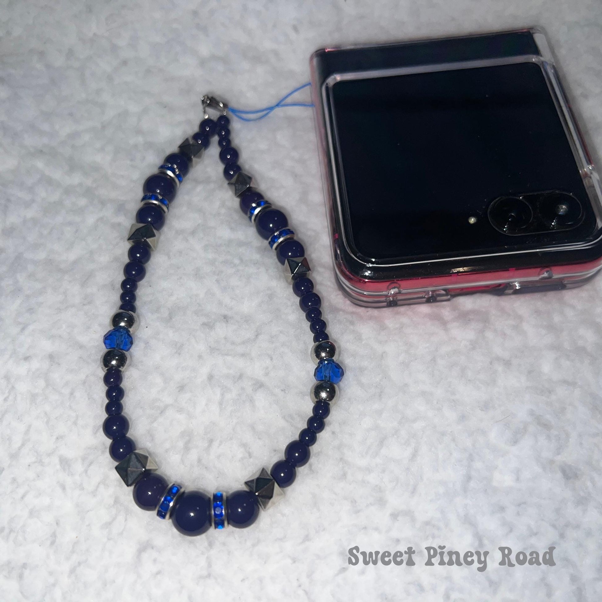 Dark Blue Beaded Phone Charm Strap, Chain Cellphone Strap Lanyard, Cute Kawaii Wristlet Accessory, Girly Accessory, Gift For Her, 2000s Y2k