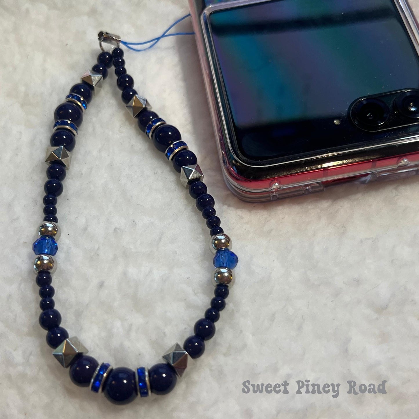 Dark Blue Beaded Phone Charm Strap, Chain Cellphone Strap Lanyard, Cute Kawaii Wristlet Accessory, Girly Accessory, Gift For Her, 2000s Y2k