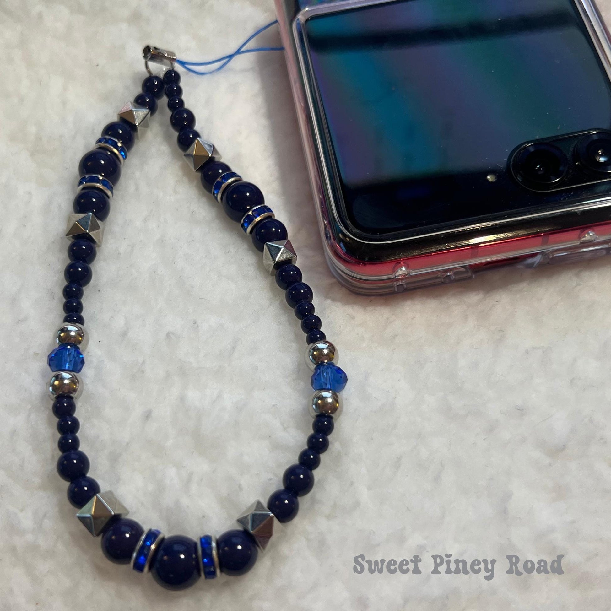 Dark Blue Beaded Phone Charm Strap, Chain Cellphone Strap Lanyard, Cute Kawaii Wristlet Accessory, Girly Accessory, Gift For Her, 2000s Y2k