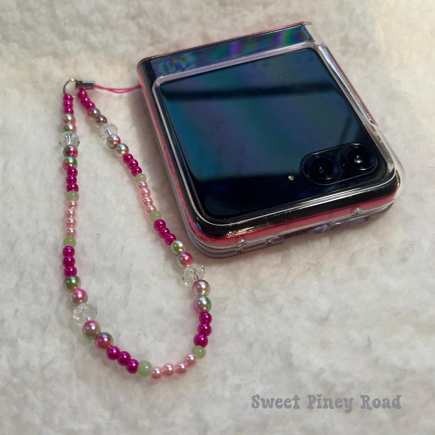 Hot Pink Beaded Phone Charm Strap, Chain Cellphone Strap Lanyard, Cute Kawaii Wristlet Accessory, Girly Accessory, Gift For Her, 2000s Y2k