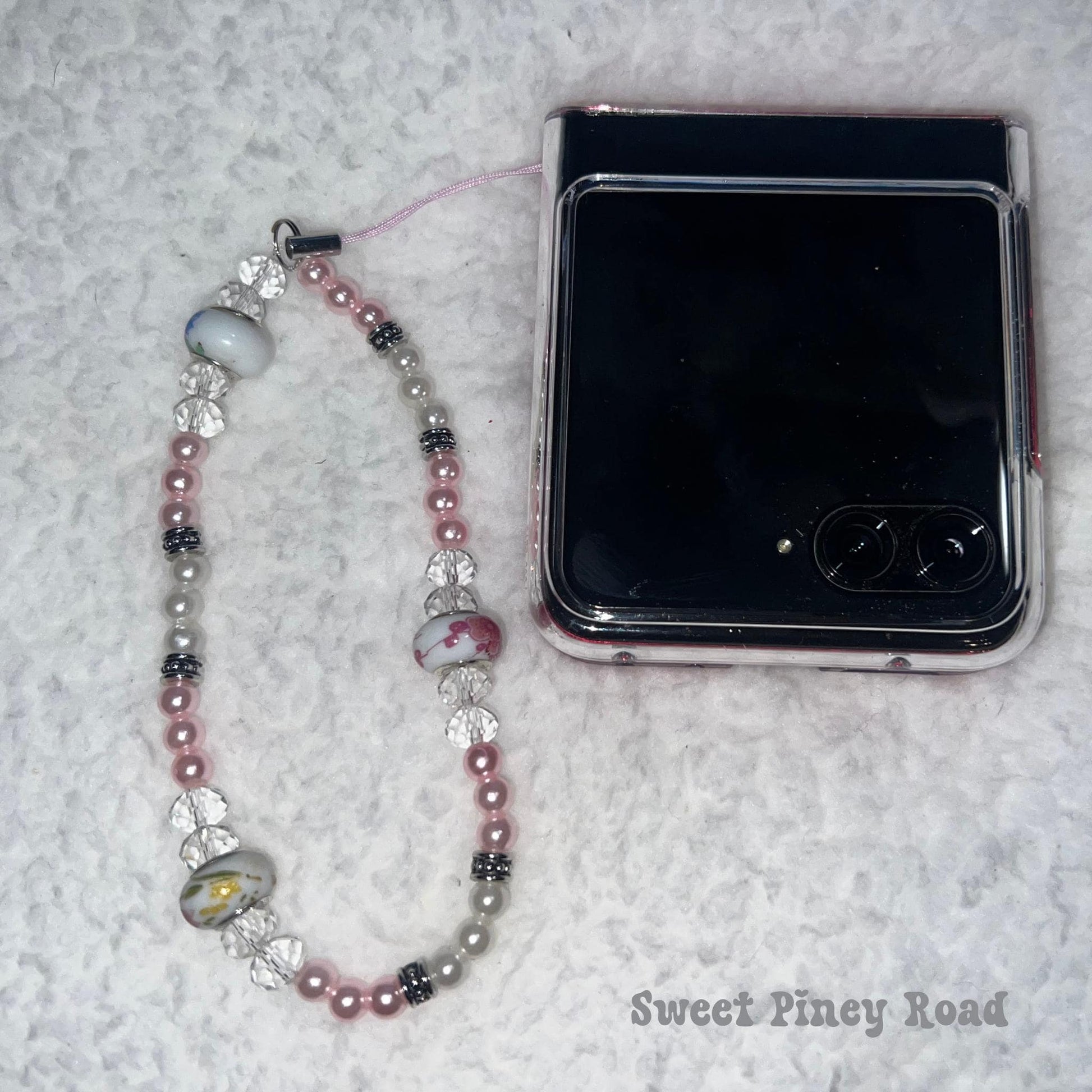 Pink Pearl Beaded Phone Charm Strap, Chain Cellphone Strap Lanyard, Cute Kawaii Wristlet Accessory, Coquette Girly Accessory, Gift Her Y2k