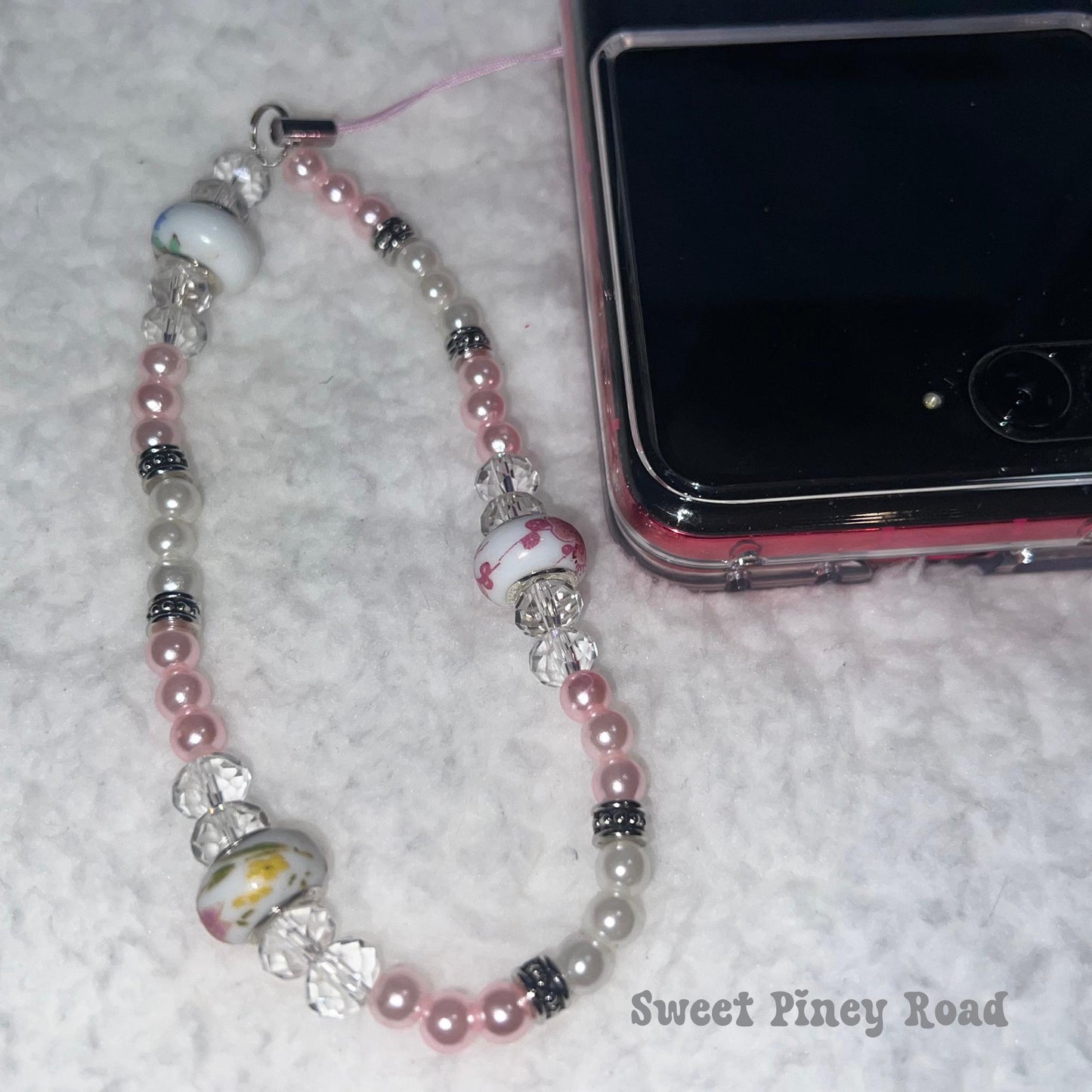 Pink Pearl Beaded Phone Charm Strap, Chain Cellphone Strap Lanyard, Cute Kawaii Wristlet Accessory, Coquette Girly Accessory, Gift Her Y2k