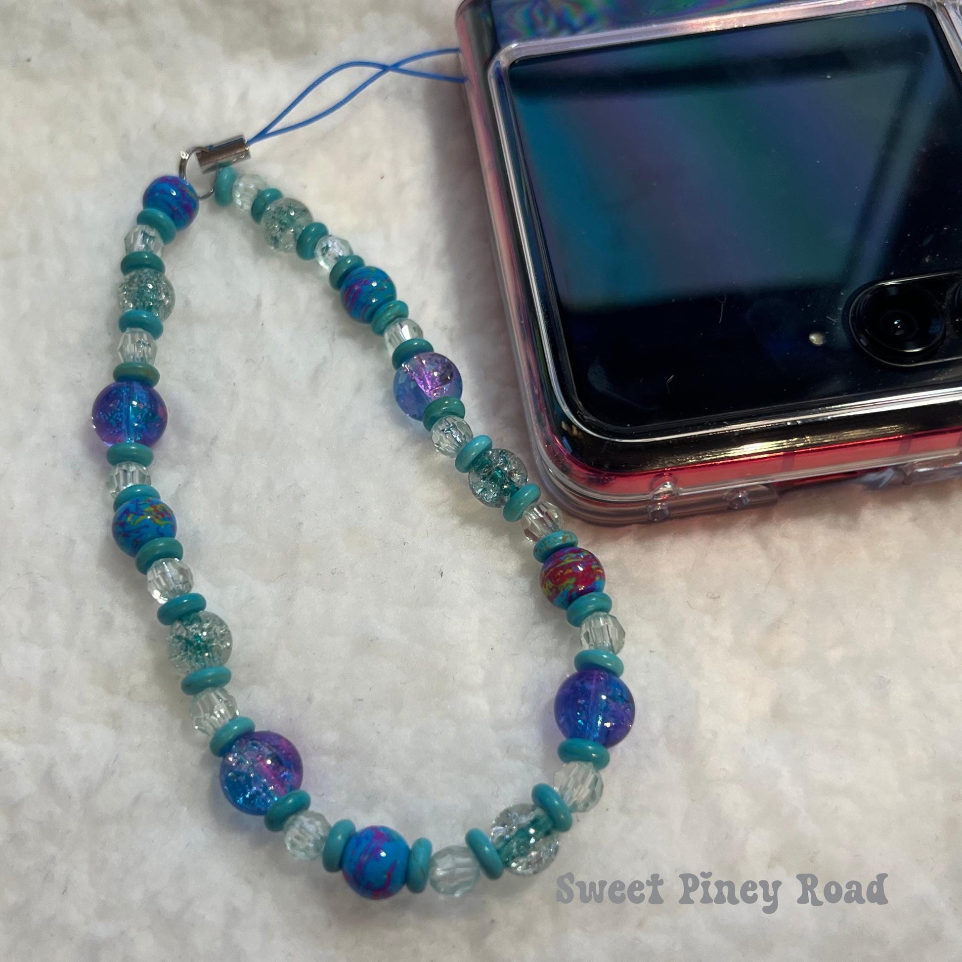 Teal Blue Beaded Phone Charm Strap, Chain Cellphone Strap Lanyard, Cute Kawaii Wristlet Accessory, Girly Accessory, Gift For Her, 2000s Y2k