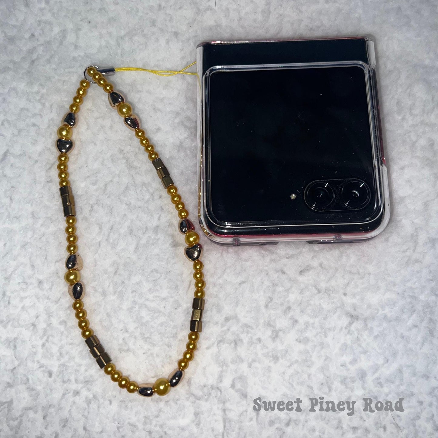 Gold Heart Beaded Phone Charm Strap, Chain Cellphone Strap Lanyard, Cute Kawaii Wristlet Accessory, Girly Accessory, Gift For Her Y2k Bling