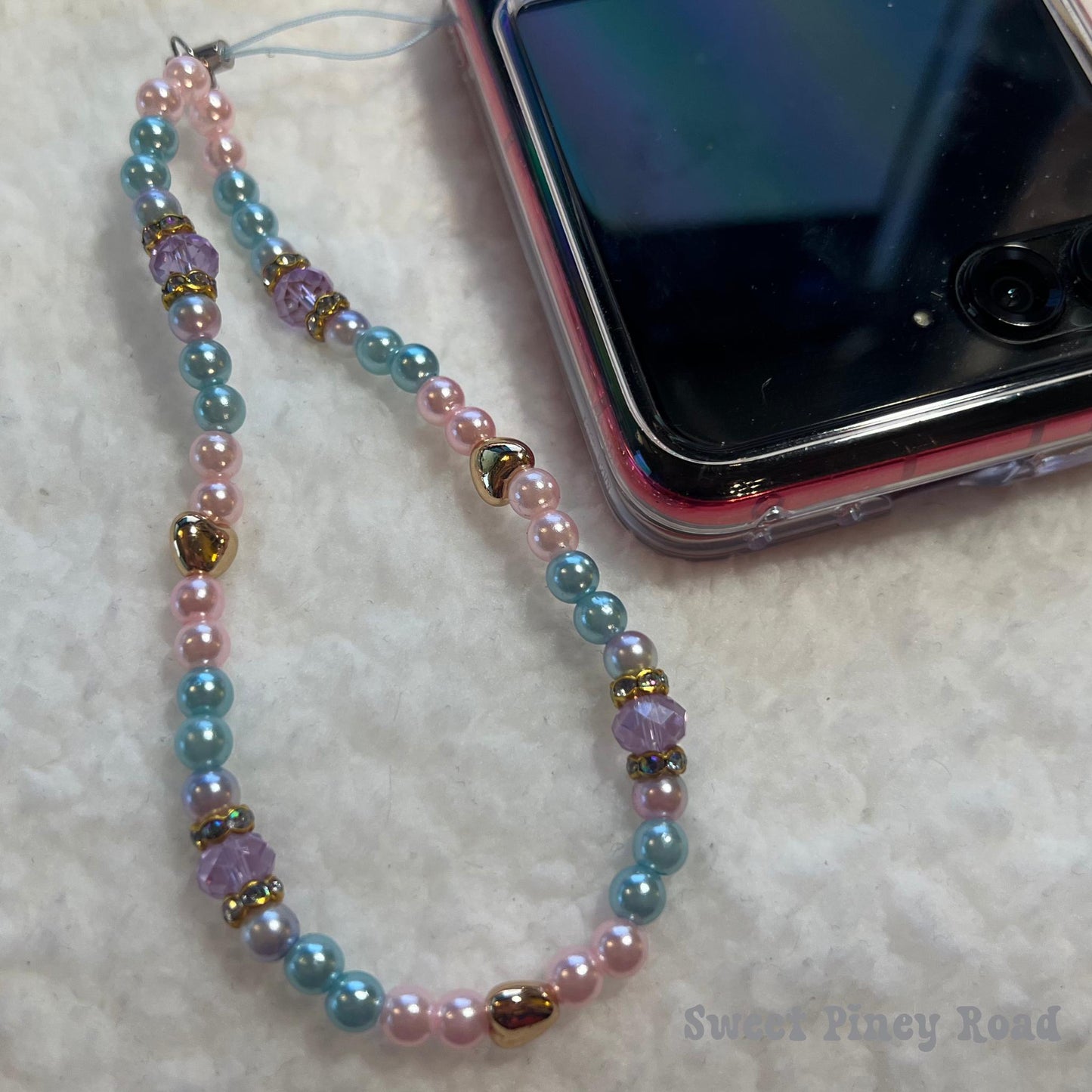 Pastel Pearl Colorful Beaded Phone Charm Strap, Chain Cellphone Strap Lanyard, Cute Kawaii Wristlet Accessory, Girly Gift For Her Y2k Heart